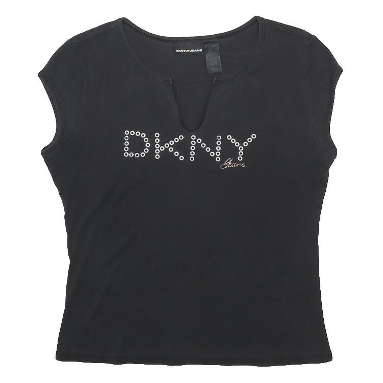 DKNY Womens Black Cotton Blend Short Sleeve Round Neck Logo Top L Casual Fit