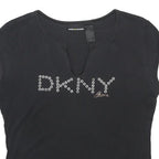 DKNY Womens Black Cotton Blend Short Sleeve Round Neck Logo Top L Casual Fit