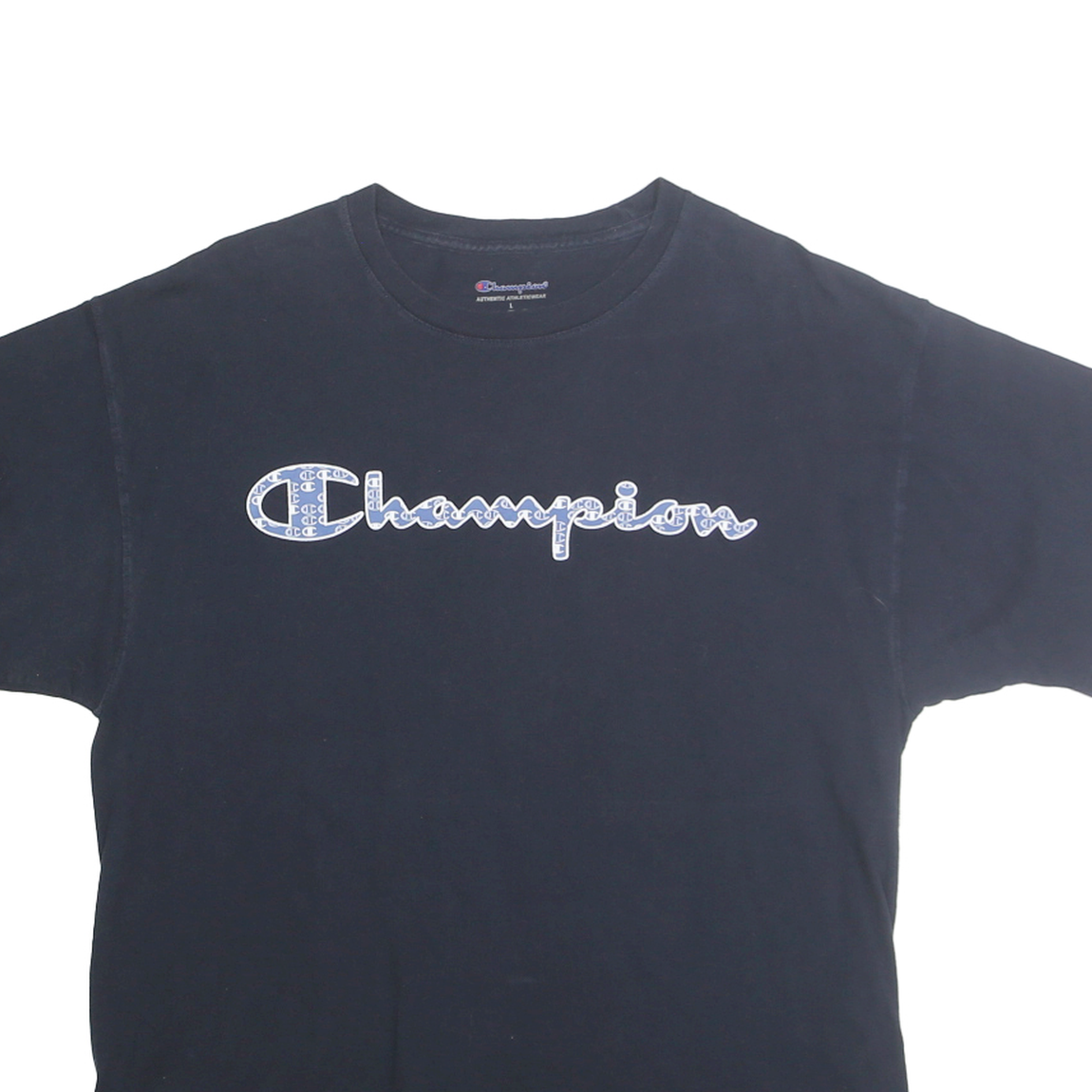 CHAMPION Mens Black Graphic T-Shirt L Short Sleeve Crew Neck Cotton Casual