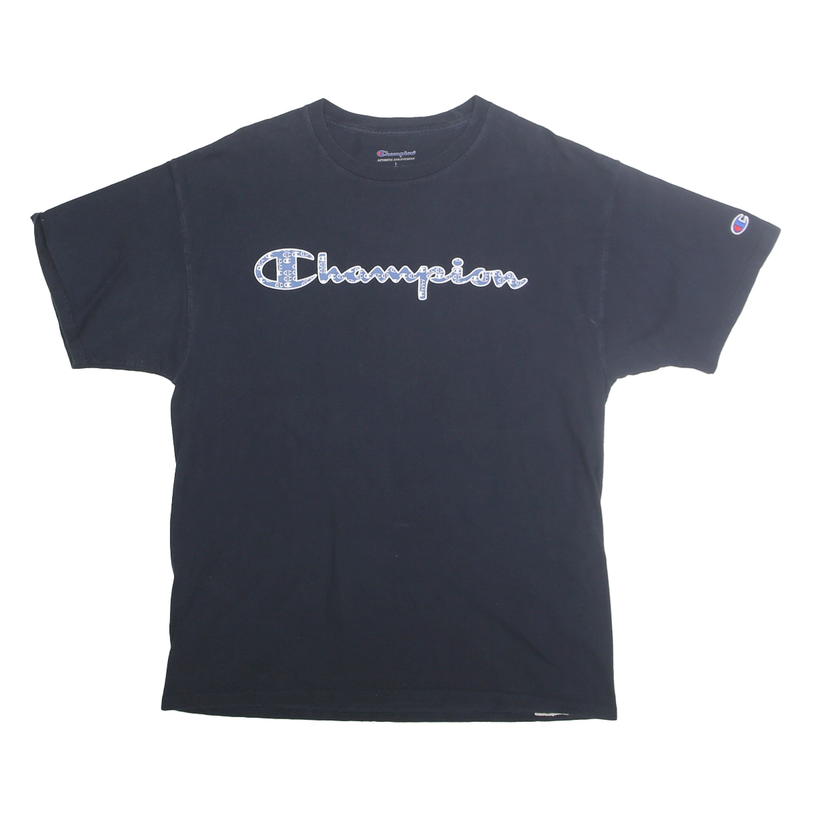 CHAMPION Mens Black Graphic T-Shirt L Short Sleeve Crew Neck Cotton Casual