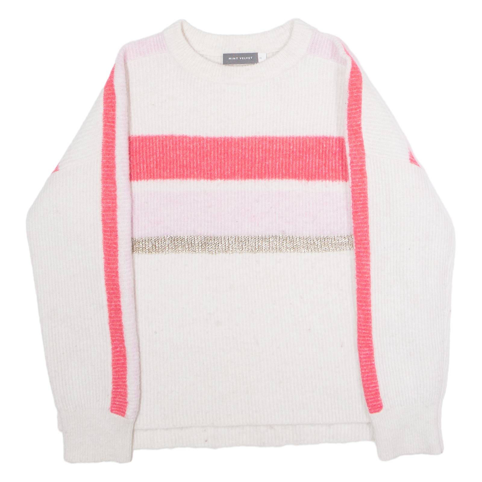 MINT VELVET Womens Patterned Jumper White Crew Neck Tight Knit Wool M