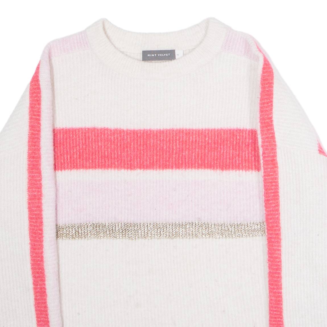 MINT VELVET Womens Patterned Jumper White Crew Neck Tight Knit Wool M