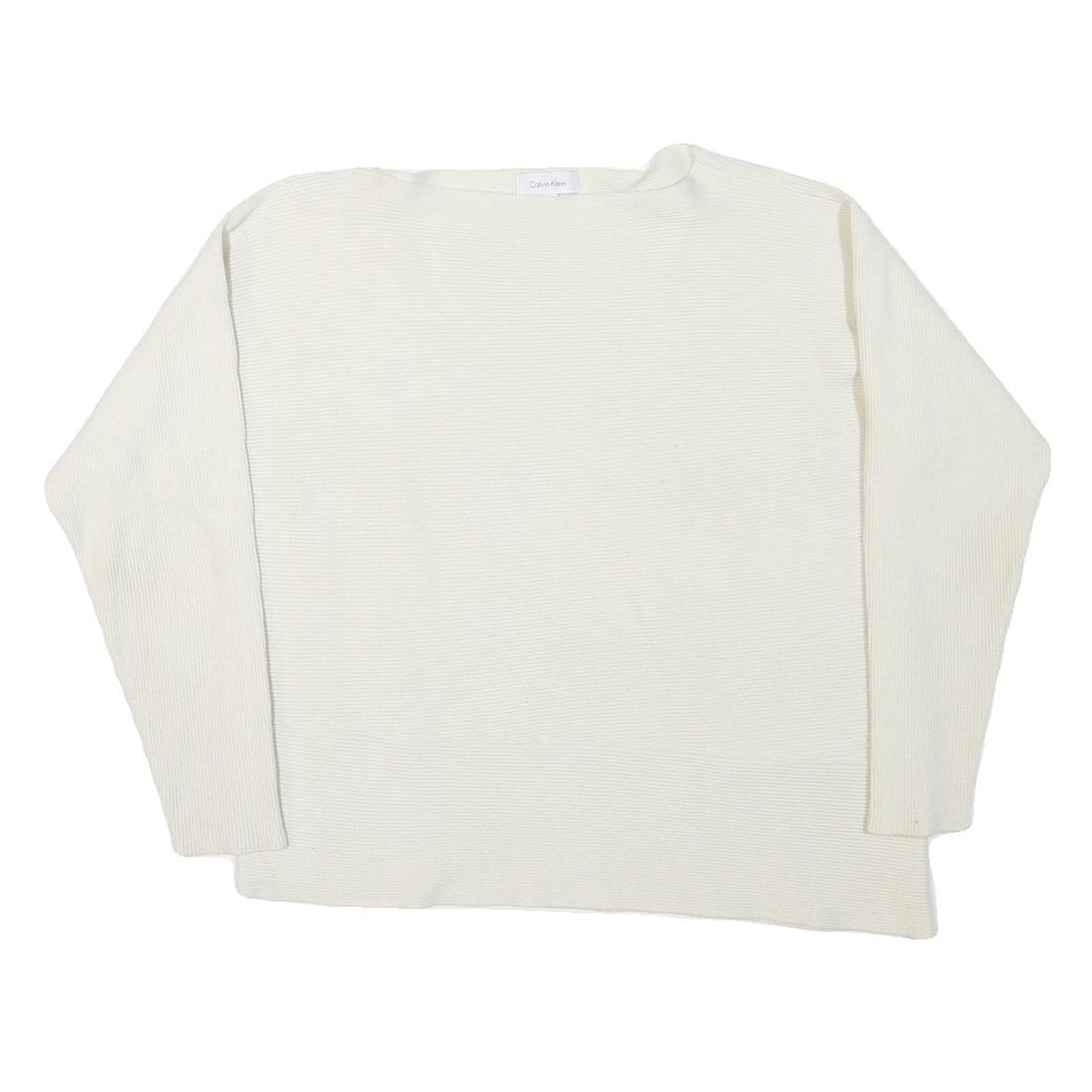 CALVIN KLEIN Womens White Plain Cotton Blend Jumper Crew Neck Basic Knit M