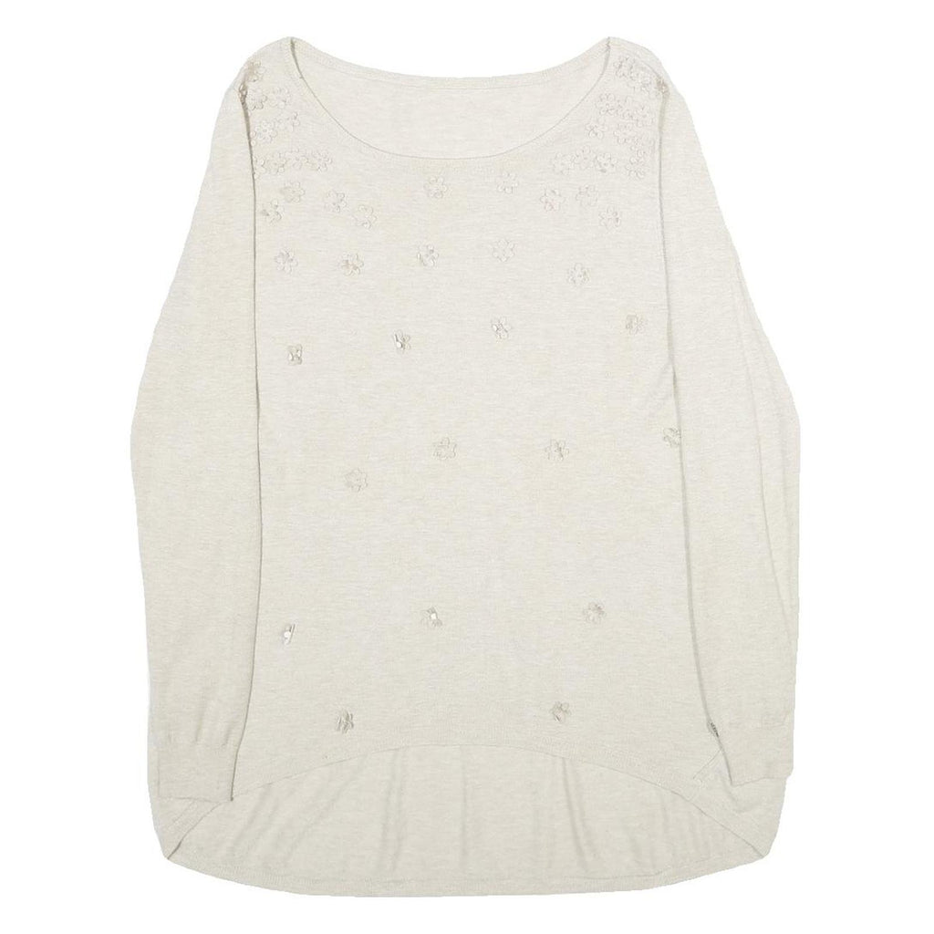 ALF Womens Cream Jumper Floral Embroidered Crew Neck Basic Knit S Stylish