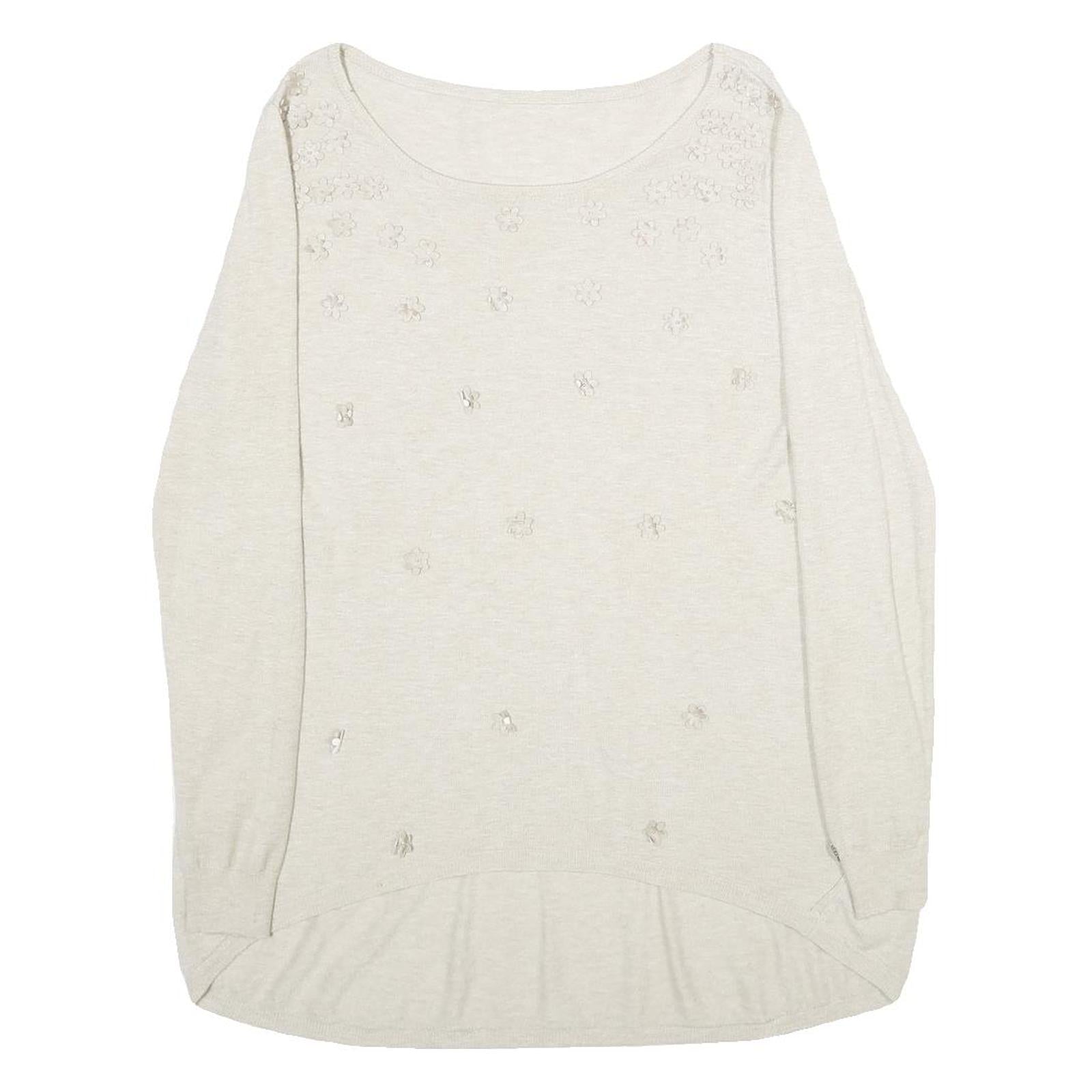 ALF Womens Cream Jumper Floral Embroidered Crew Neck Basic Knit S Stylish