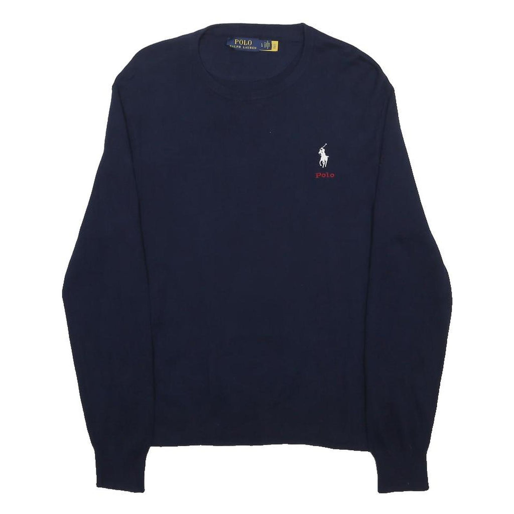 POLO RALPH LAUREN Mens Navy Plain Cotton Crew Neck Basic Knit Jumper L Cotton
