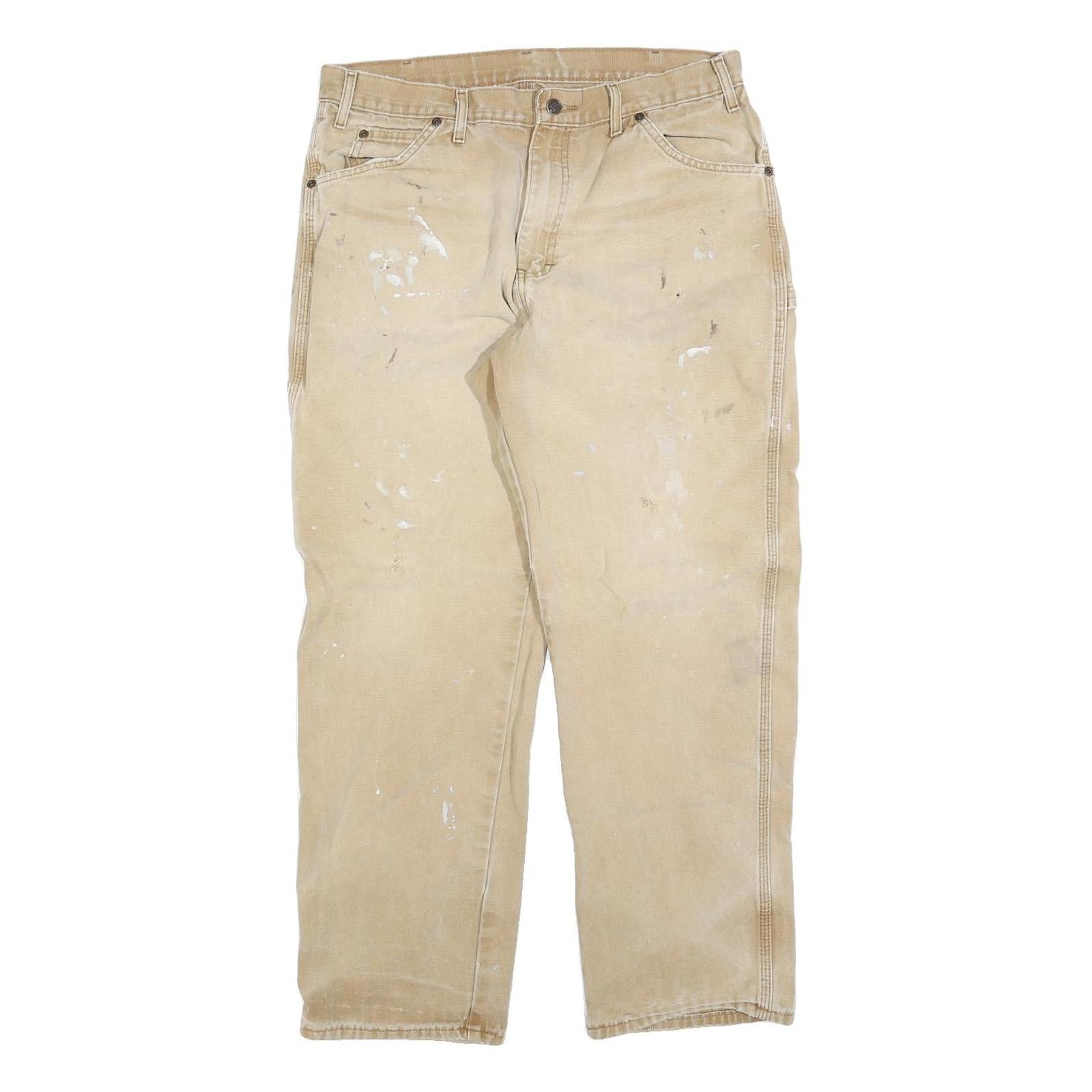 DICKIES Mens Loose Fit Beige Cotton Blend Jeans W34 L30 Workwear Zip Closure