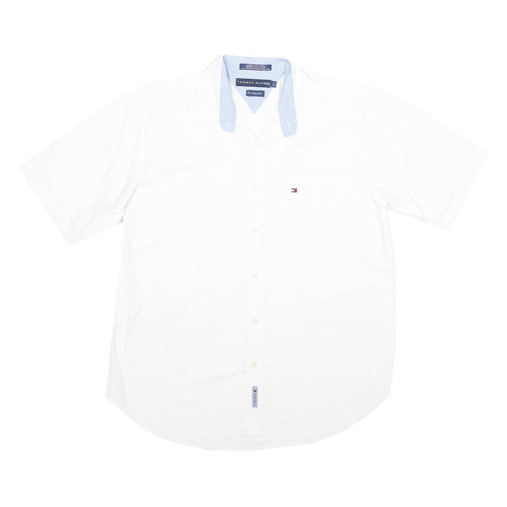 TOMMY HILFIGER Mens White Blue Collar Short Sleeve Shirt M Classic Cotton Casual