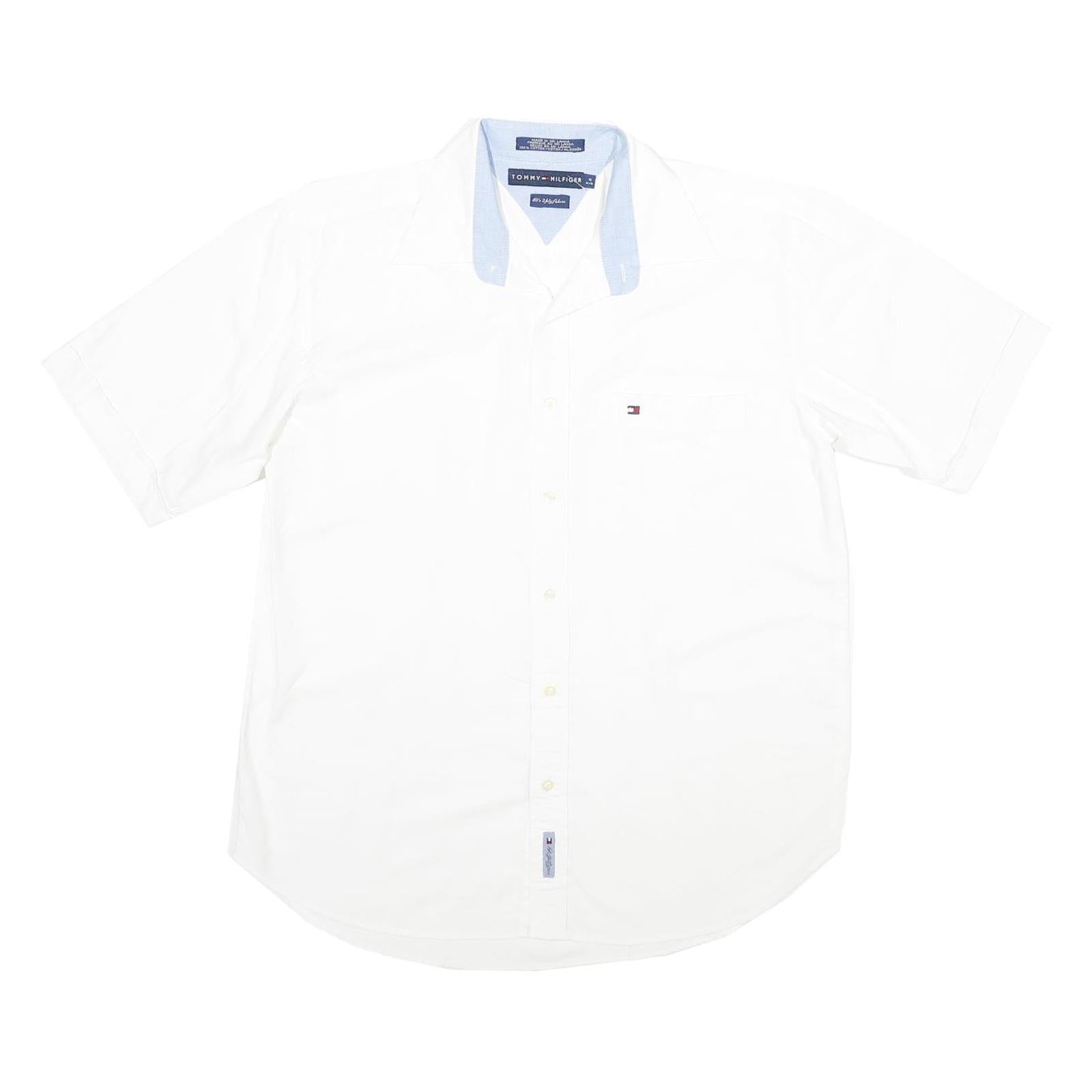 TOMMY HILFIGER Mens White Blue Collar Short Sleeve Shirt M Classic Cotton Casual