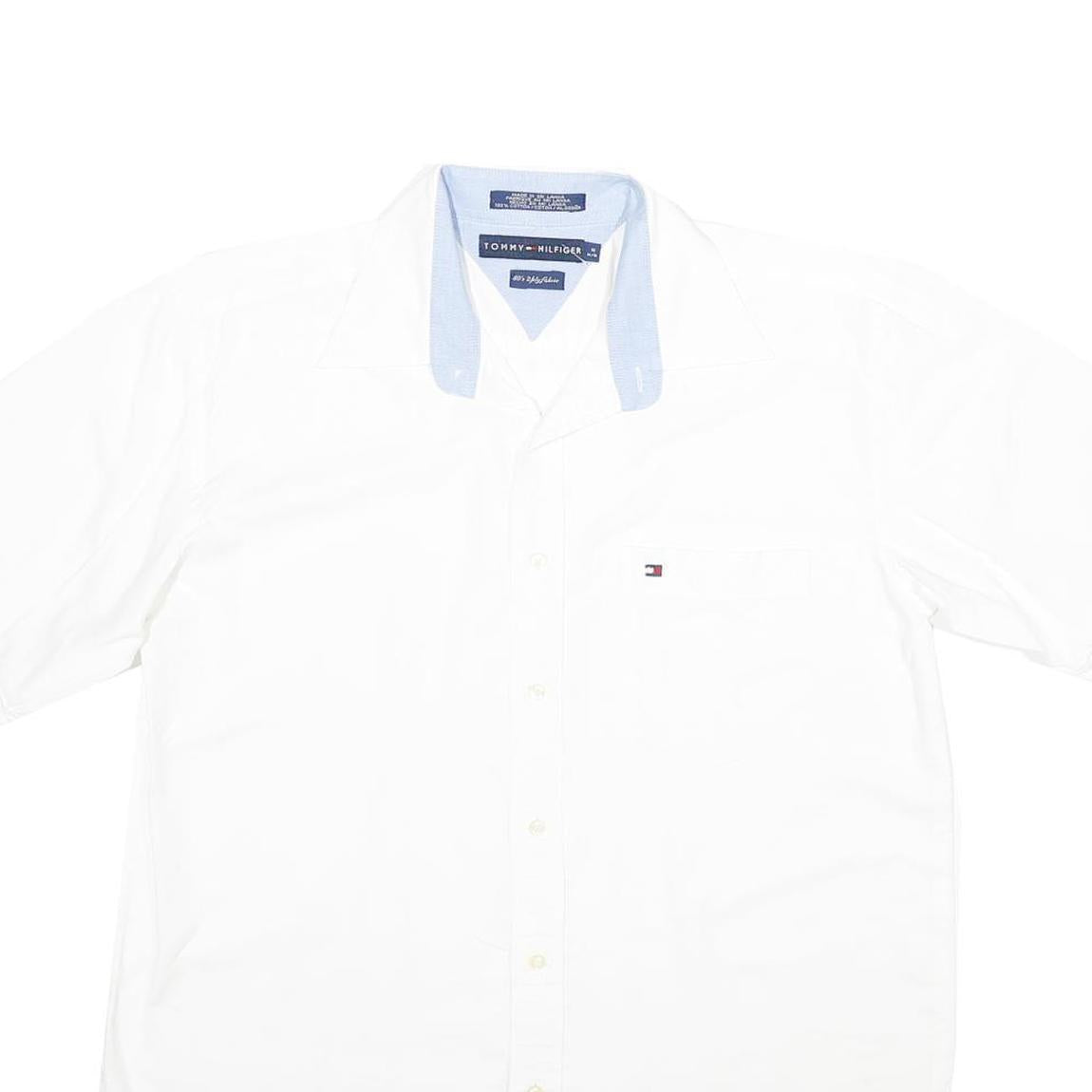 TOMMY HILFIGER Mens White Blue Collar Short Sleeve Shirt M Classic Cotton Casual