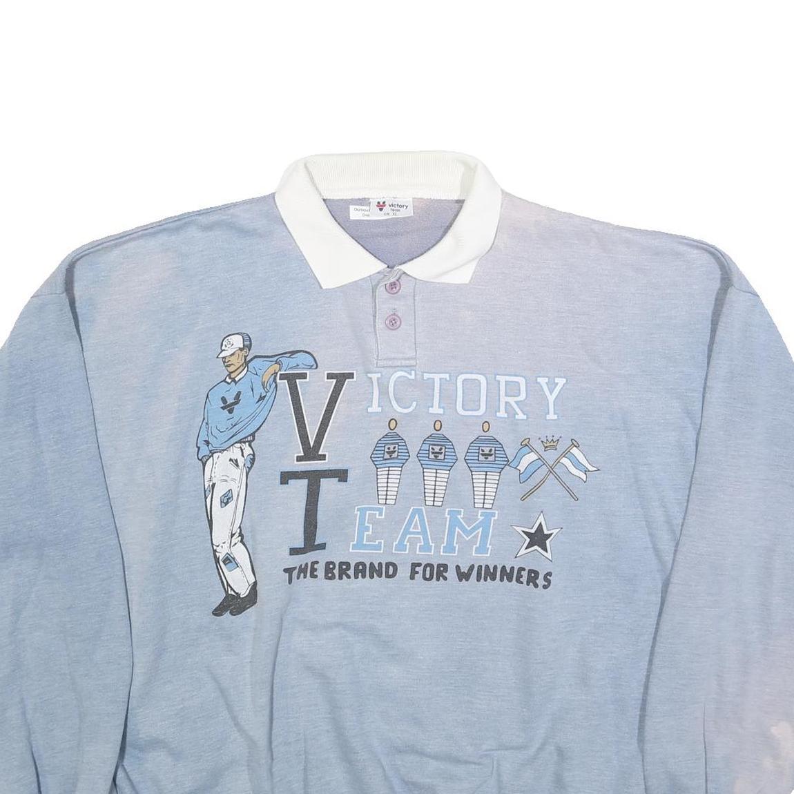 VICTORY TEAM Mens Blue & White Polo Collar XL Cotton Blend Sweatshirt Graphic