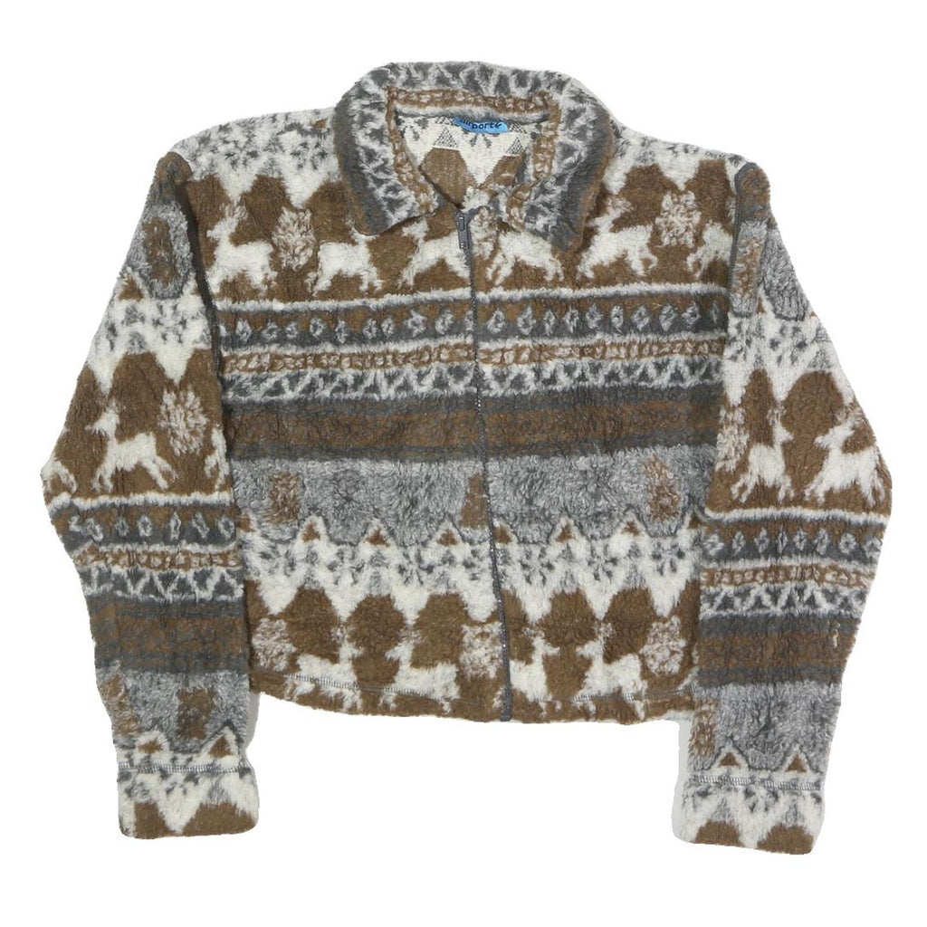 AIRPORT Womens Brown & Grey Fleece Zip Jacket S Patterned Winter Warm