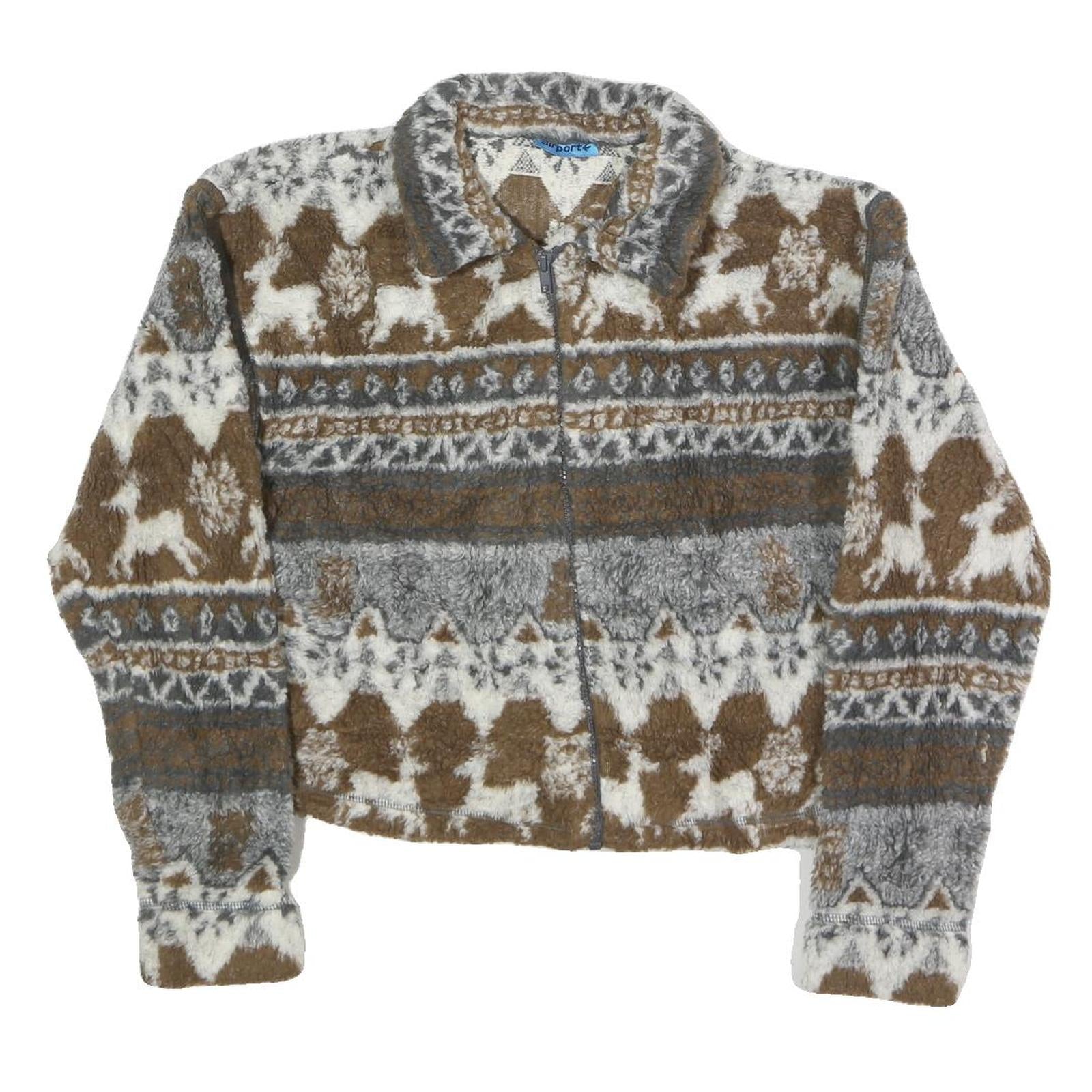 AIRPORT Womens Brown & Grey Fleece Zip Jacket S Patterned Winter Warm
