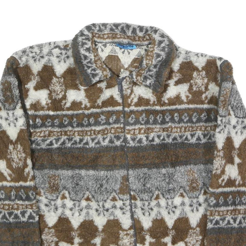 AIRPORT Womens Brown & Grey Fleece Zip Jacket S Patterned Winter Warm