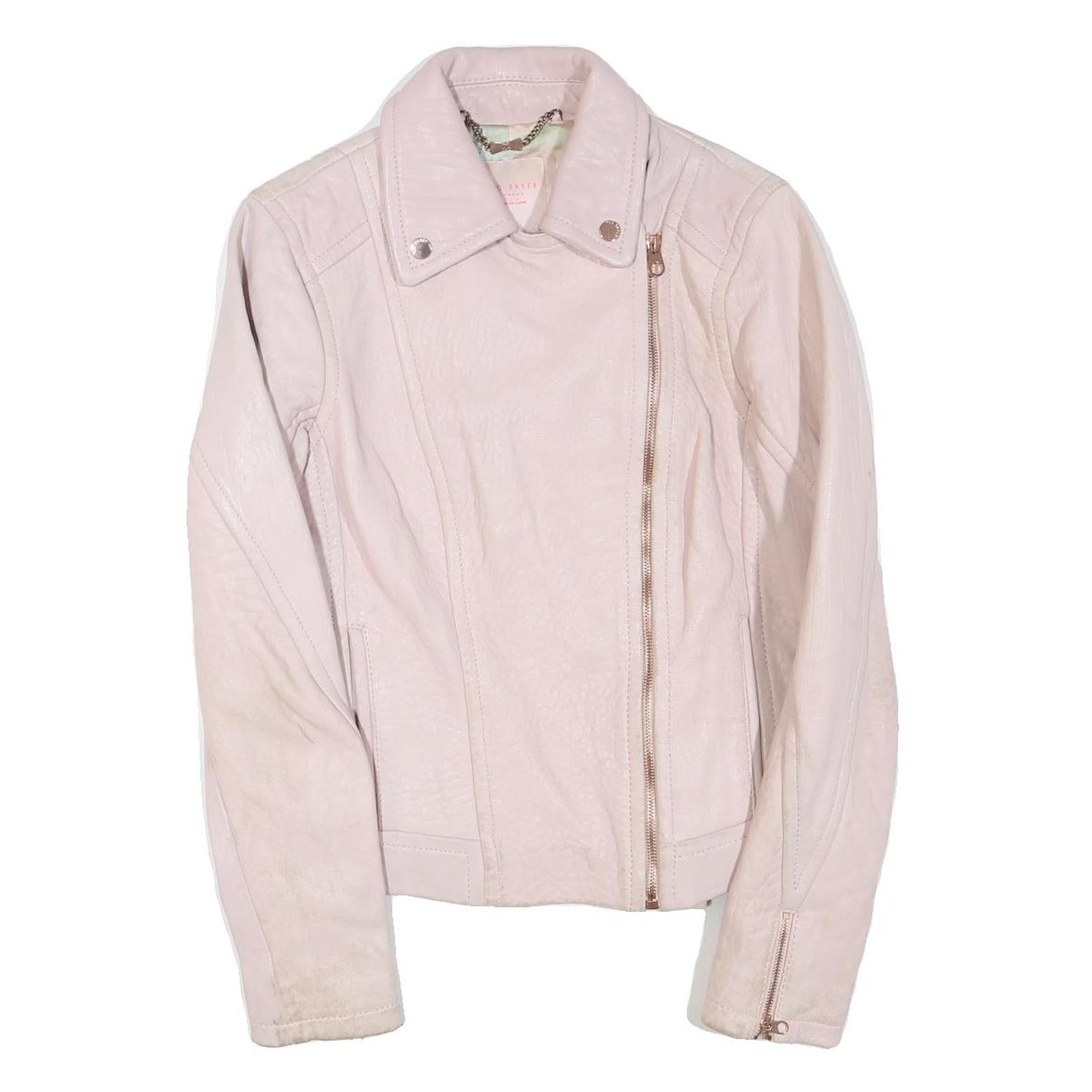 TED BAKER Womens Pink Faux Leather Zip Jacket S Plain Stylish Biker