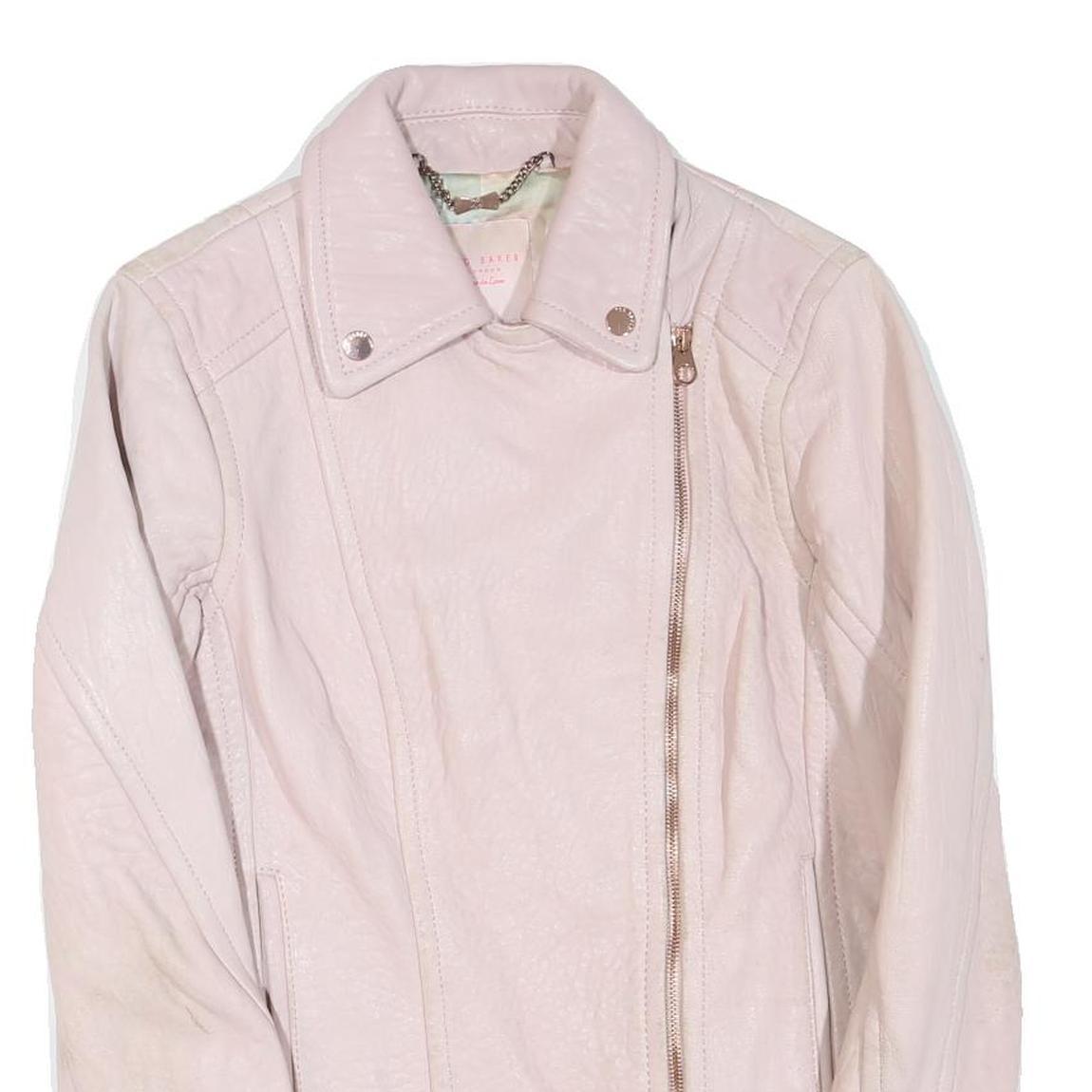 TED BAKER Womens Pink Faux Leather Zip Jacket S Plain Stylish Biker
