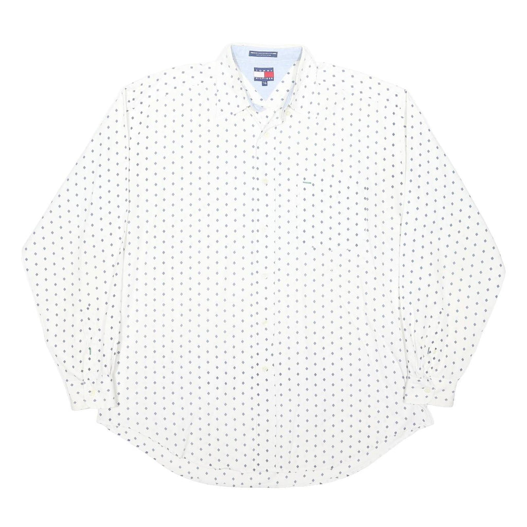 TOMMY HILFIGER Mens White & Navy Patterned Shirt L Long Sleeve Cotton Blend