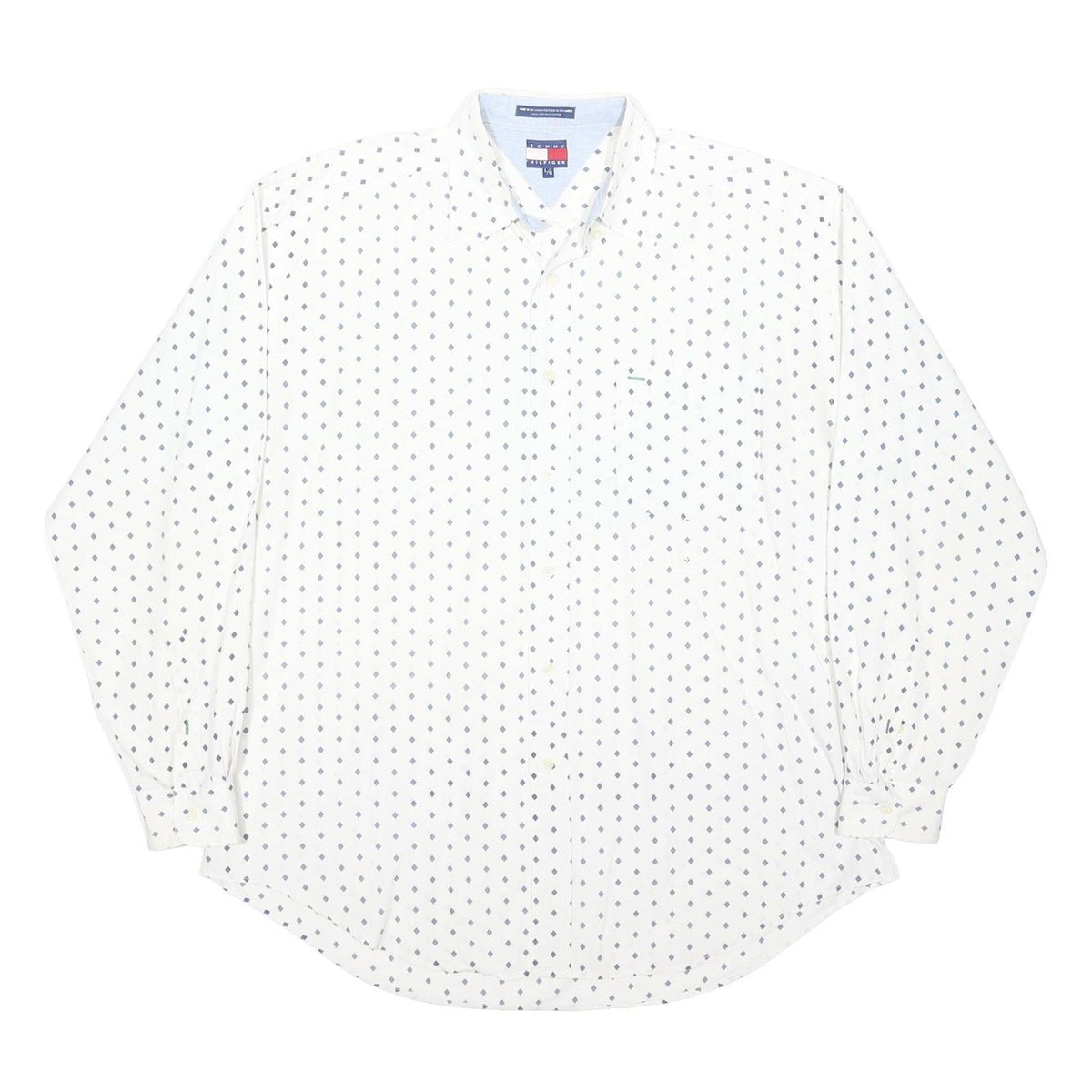 TOMMY HILFIGER Mens White & Navy Patterned Shirt L Long Sleeve Cotton Blend