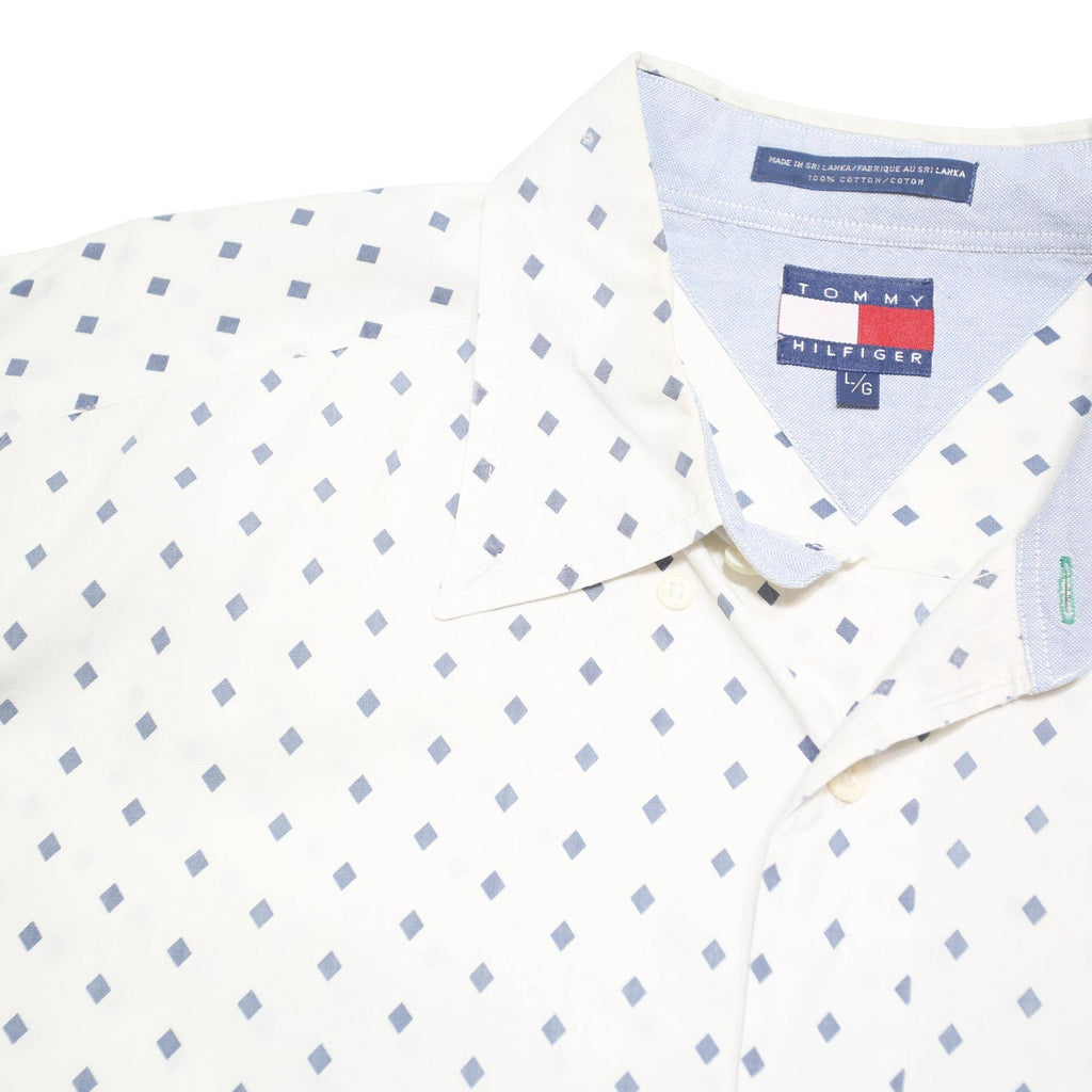 TOMMY HILFIGER Mens White & Navy Patterned Shirt L Long Sleeve Cotton Blend