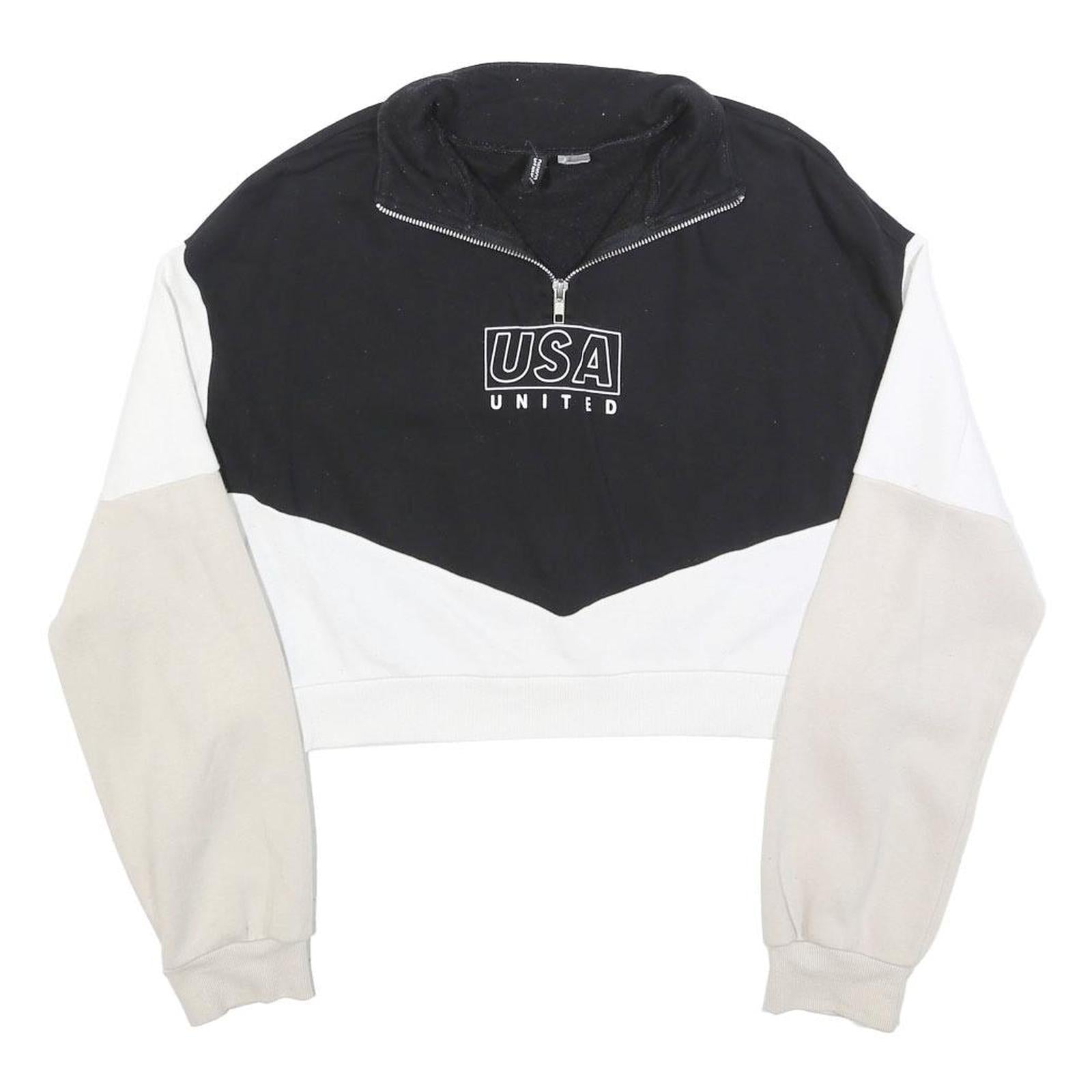 H&M Womens Black & Cream USA United Half Zip Sweatshirt S Colourblock Cropped