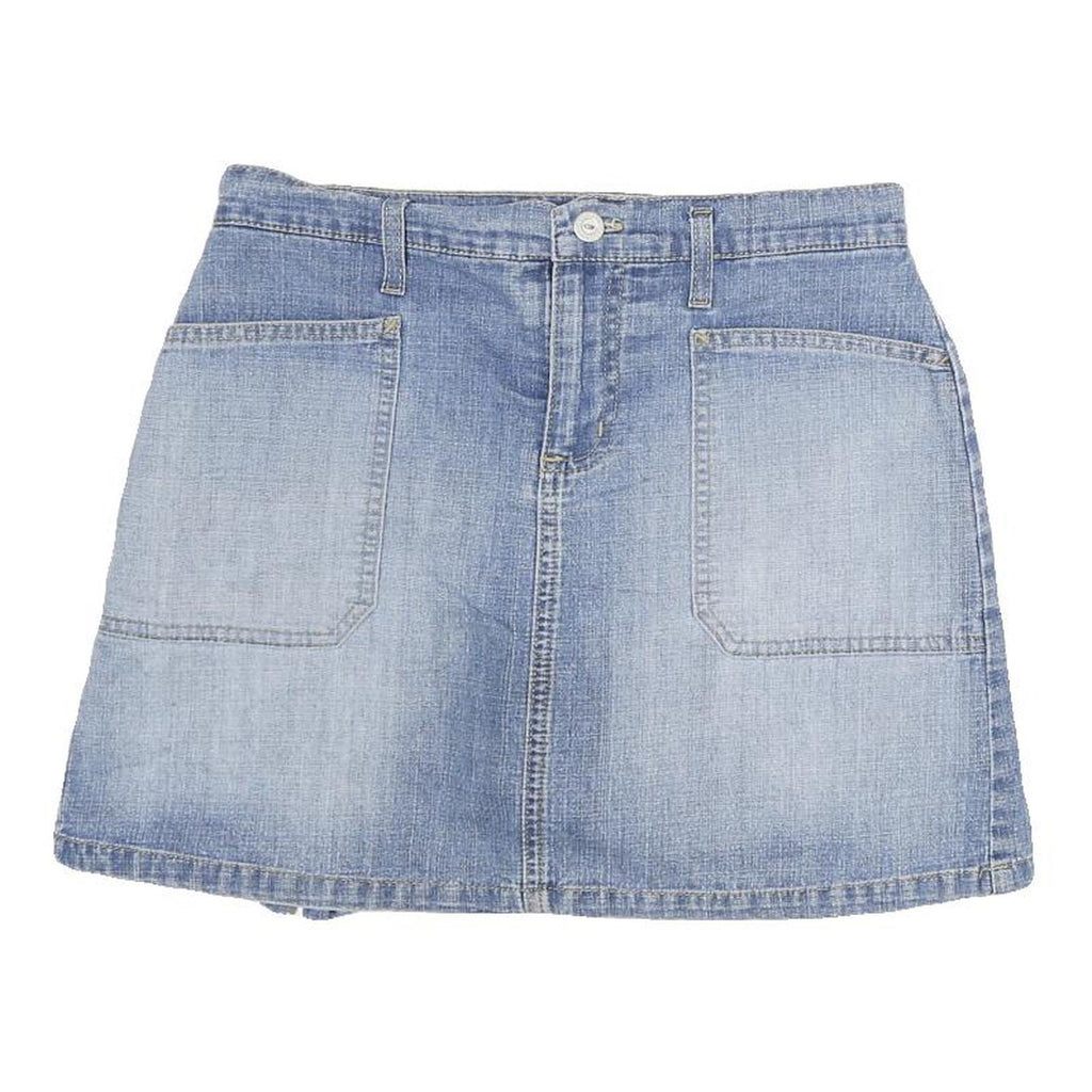 GLORIA VANDERBILT Womens Blue Denim Mini Cotton Blend Skirt M Front Pockets Slit