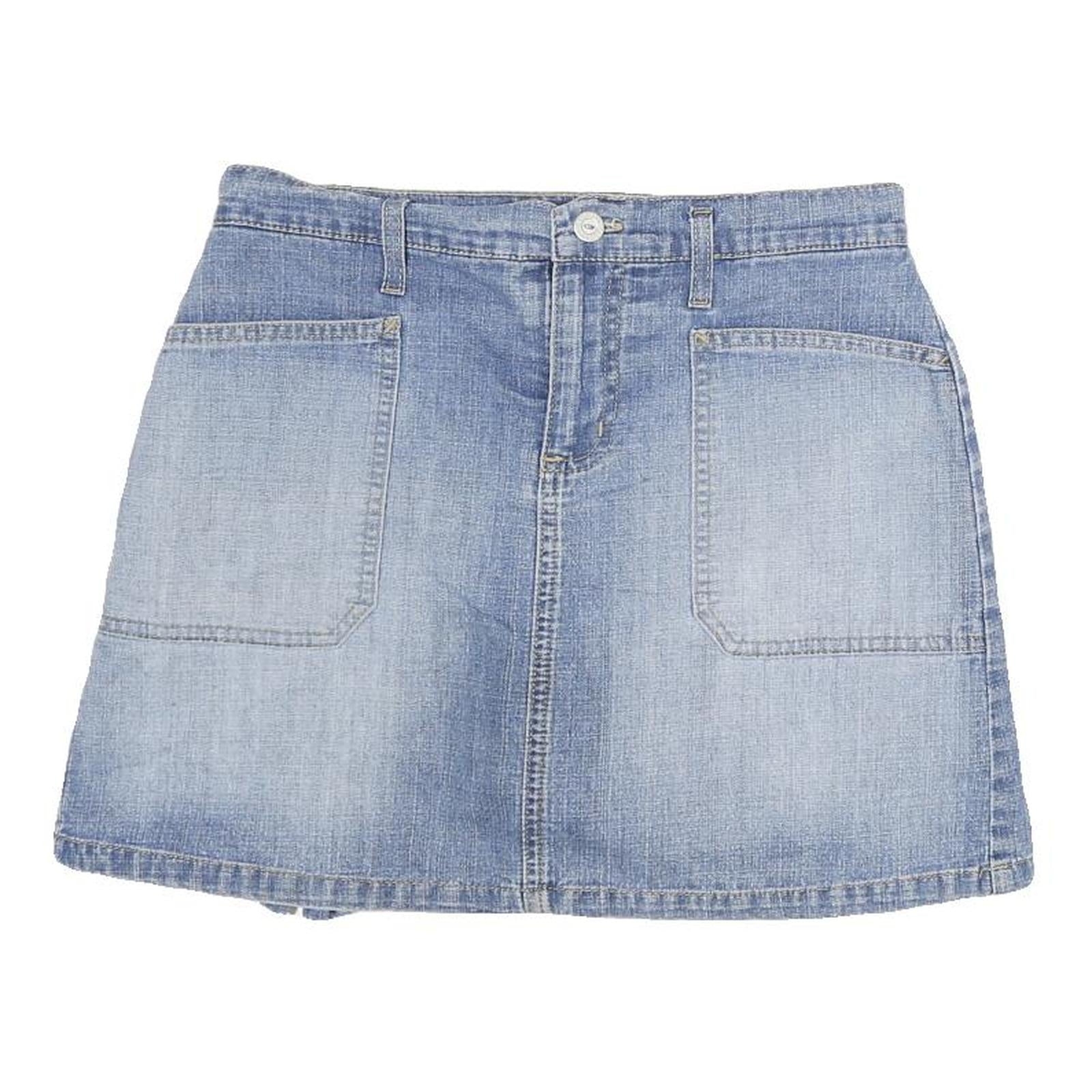 GLORIA VANDERBILT Womens Blue Denim Mini Cotton Blend Skirt M Front Pockets Slit