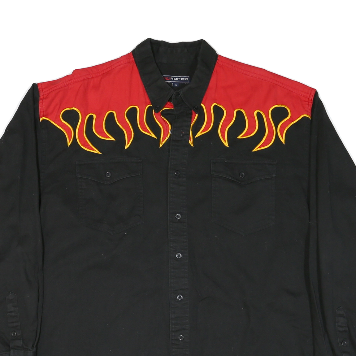 ROPER Mens Black & Red Flame Western Shirt XL Cotton Blend Long Sleeve Button
