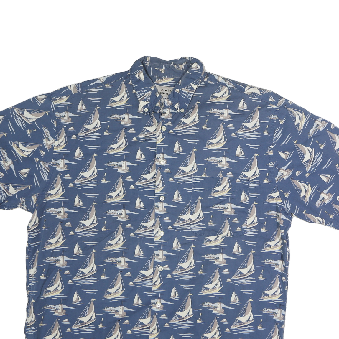 EDDIE BAUER Mens Blue Boat Print Cotton Short Sleeve Shirt L Casual Summer