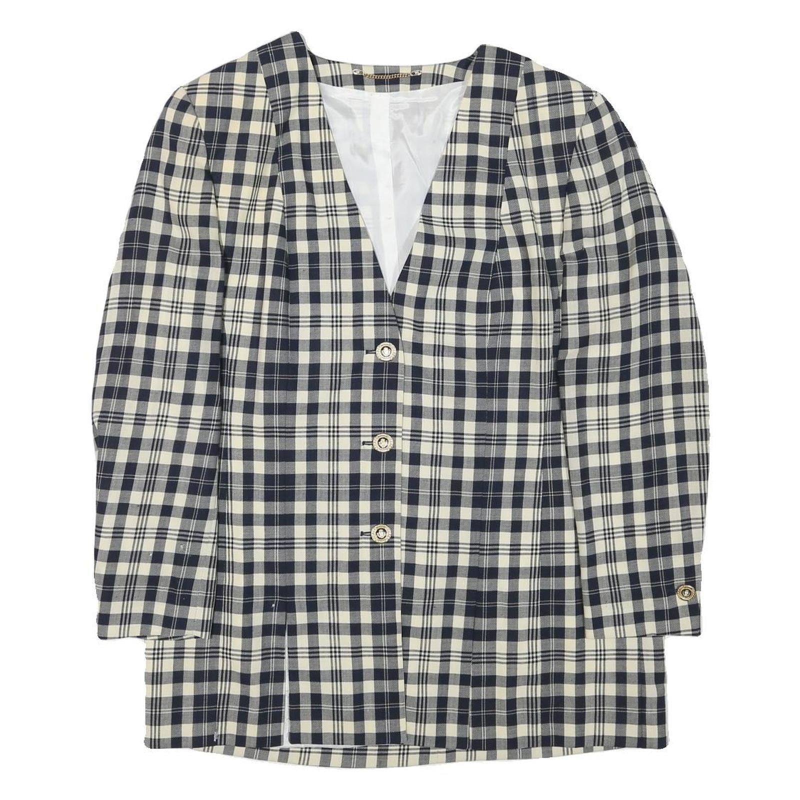 Womens Black & Cream Check Button Jacket L Wool Blend Classic