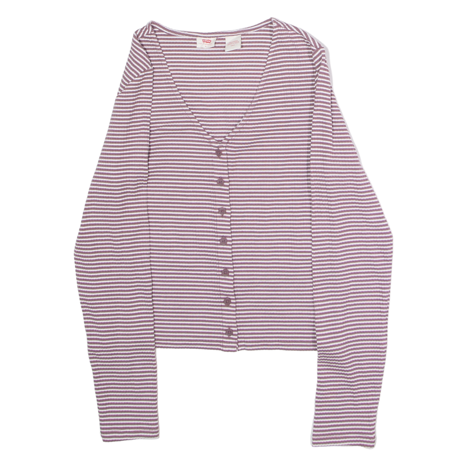 LEVI'S Womens Patterned Cardigan Maroon Striped V-Neck Tight Knit S