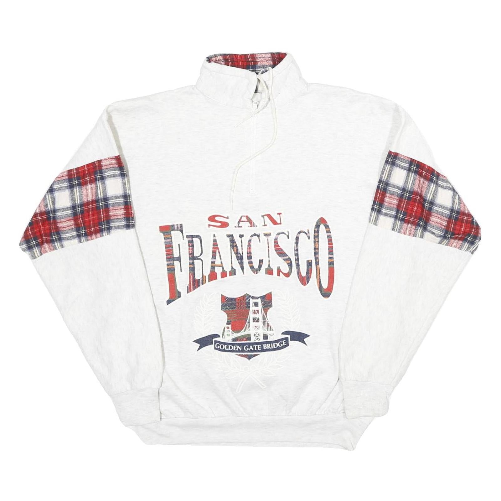 Mens White Sweatshirt San Francisco Golden Gate Bridge Half Zip M Plaid Detail
