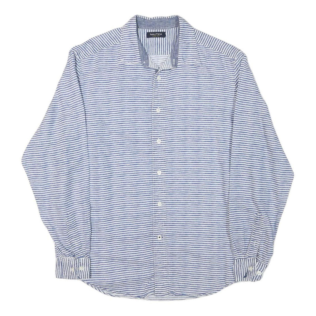 NAUTICA Mens Blue & White Striped Shirt L Cotton Blend Casual Summer Classic