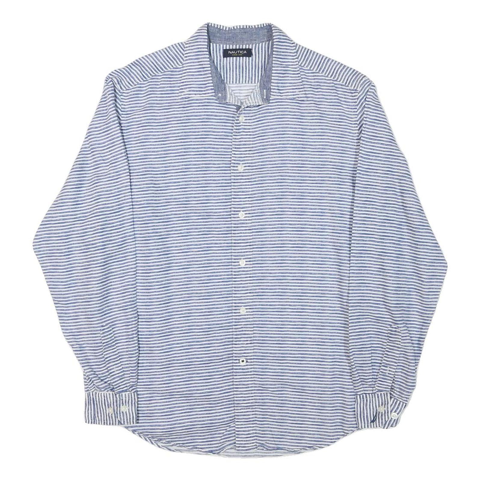 NAUTICA Mens Blue & White Striped Shirt L Cotton Blend Casual Summer Classic