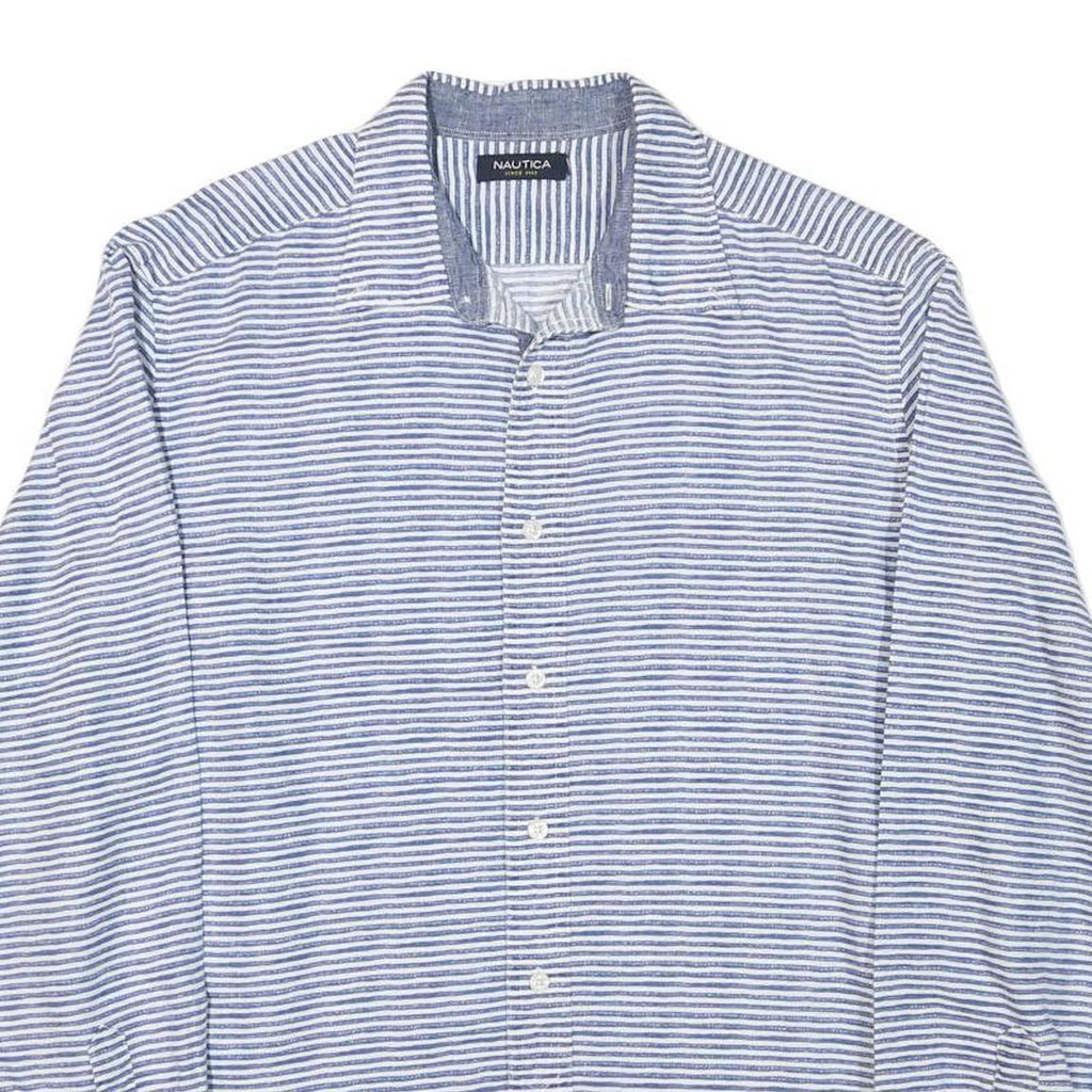 NAUTICA Mens Blue & White Striped Shirt L Cotton Blend Casual Summer Classic
