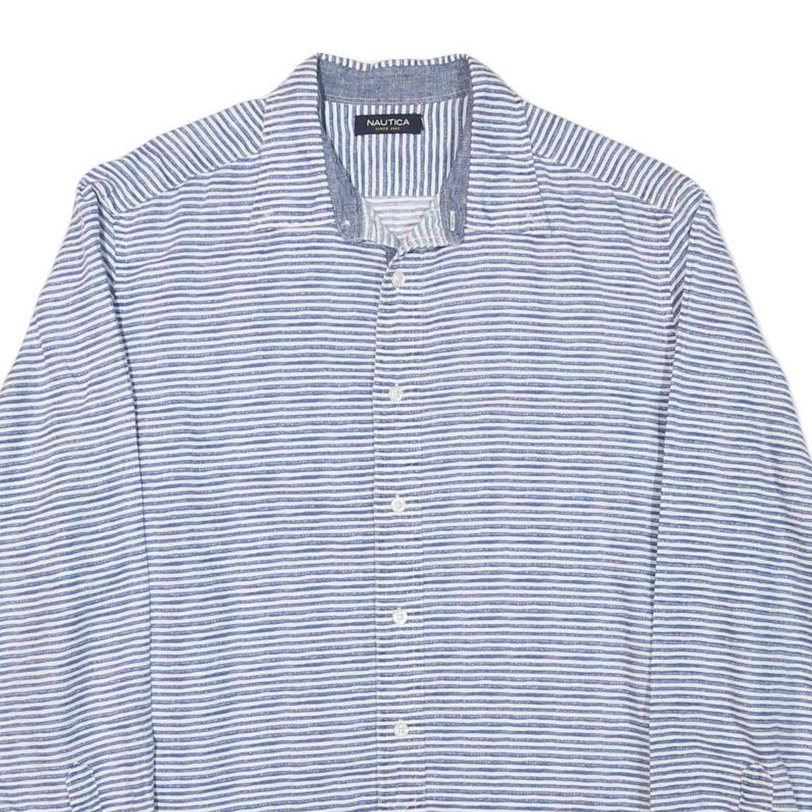 NAUTICA Mens Blue & White Striped Shirt L Cotton Blend Casual Summer Classic