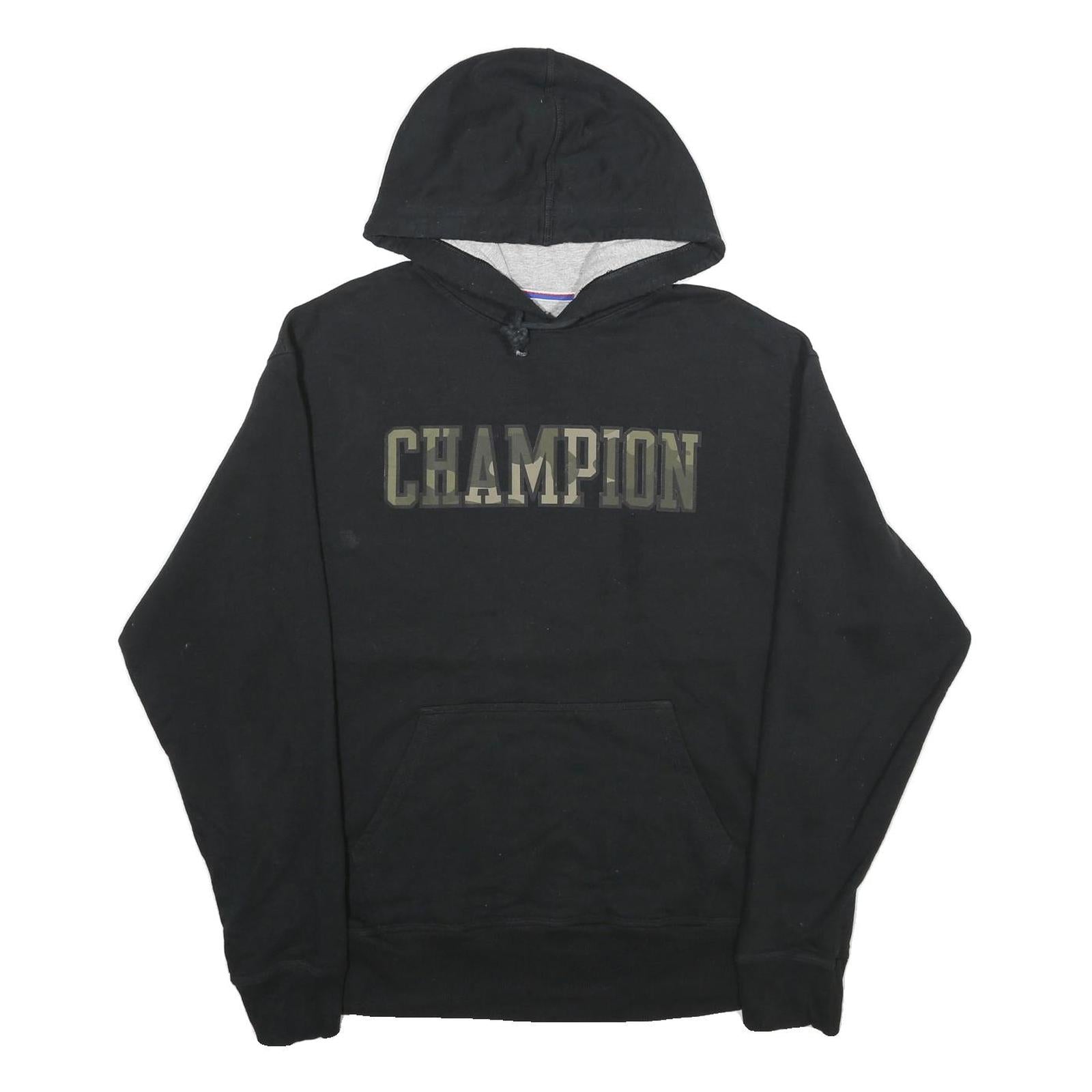 CHAMPION Mens Black Pullover Hoodie L Cotton Blend Classic Logo Hoodie