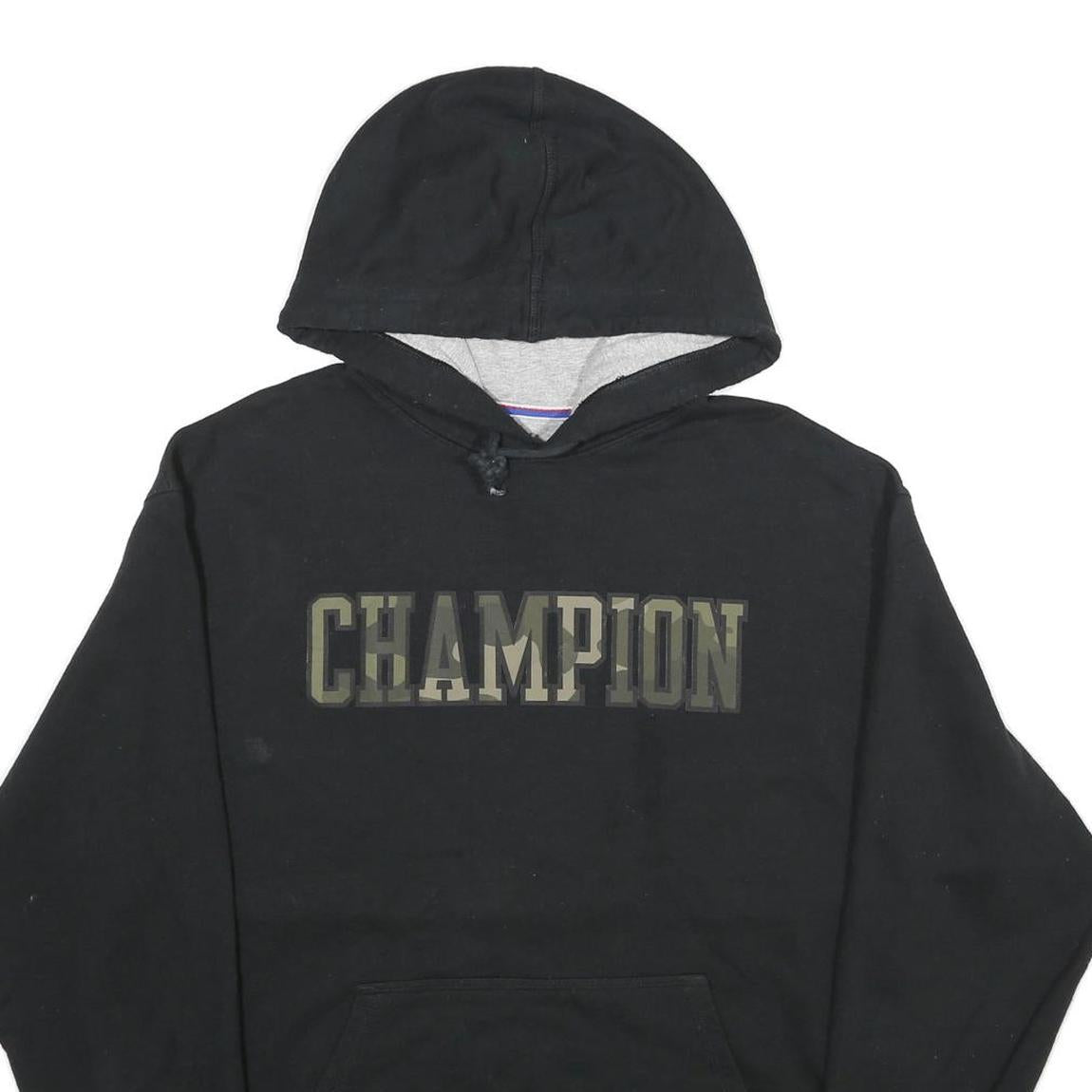 CHAMPION Mens Black Pullover Hoodie L Cotton Blend Classic Logo Hoodie