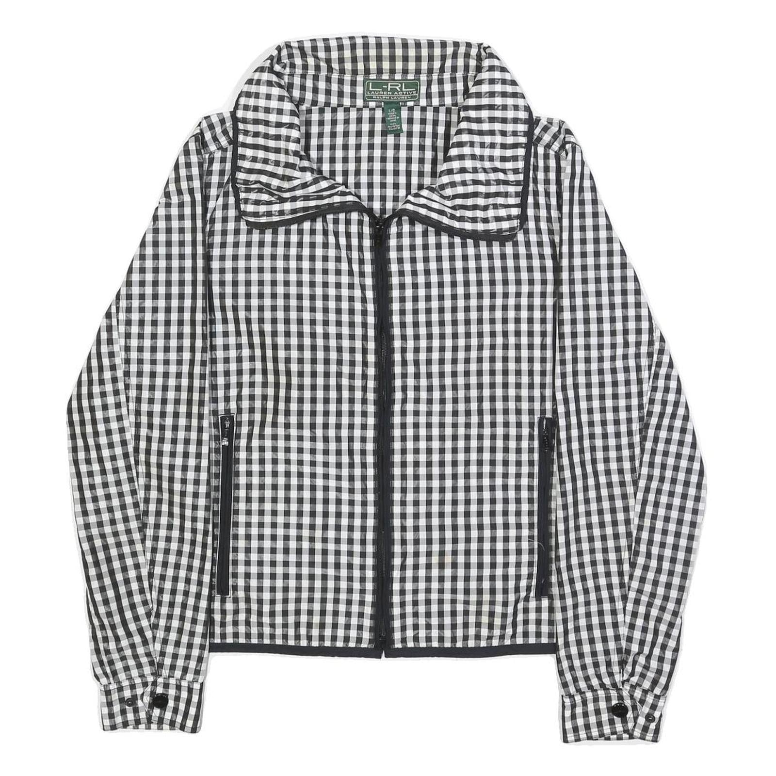 LAUREN RALPH LAUREN Womens Black & White Checked Zip Jacket L Polyester Casual