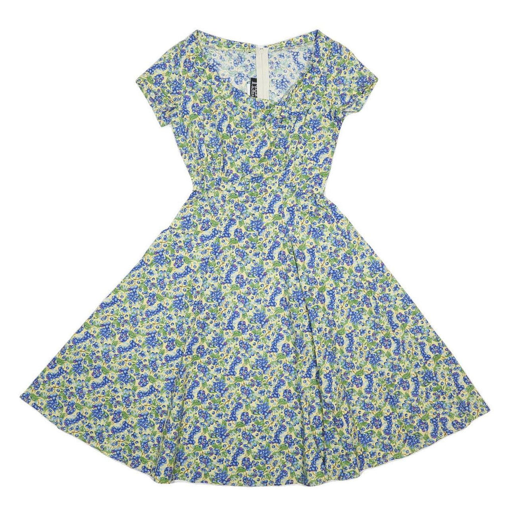 DOLLZ & DAMES Womens Blue & Green Floral Cotton Fit & Flare Short Sleeve Knee