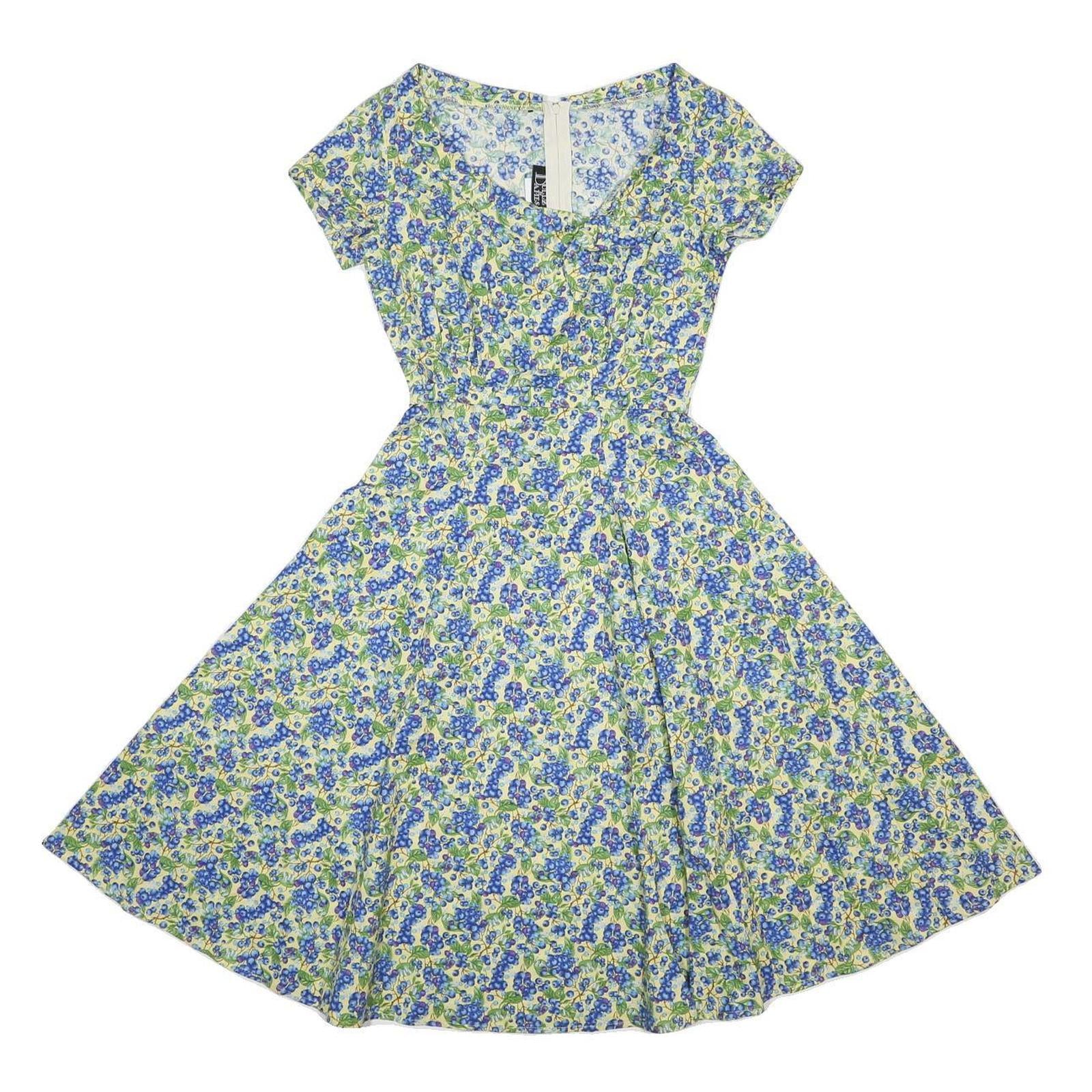 DOLLZ & DAMES Womens Blue & Green Floral Cotton Fit & Flare Short Sleeve Knee