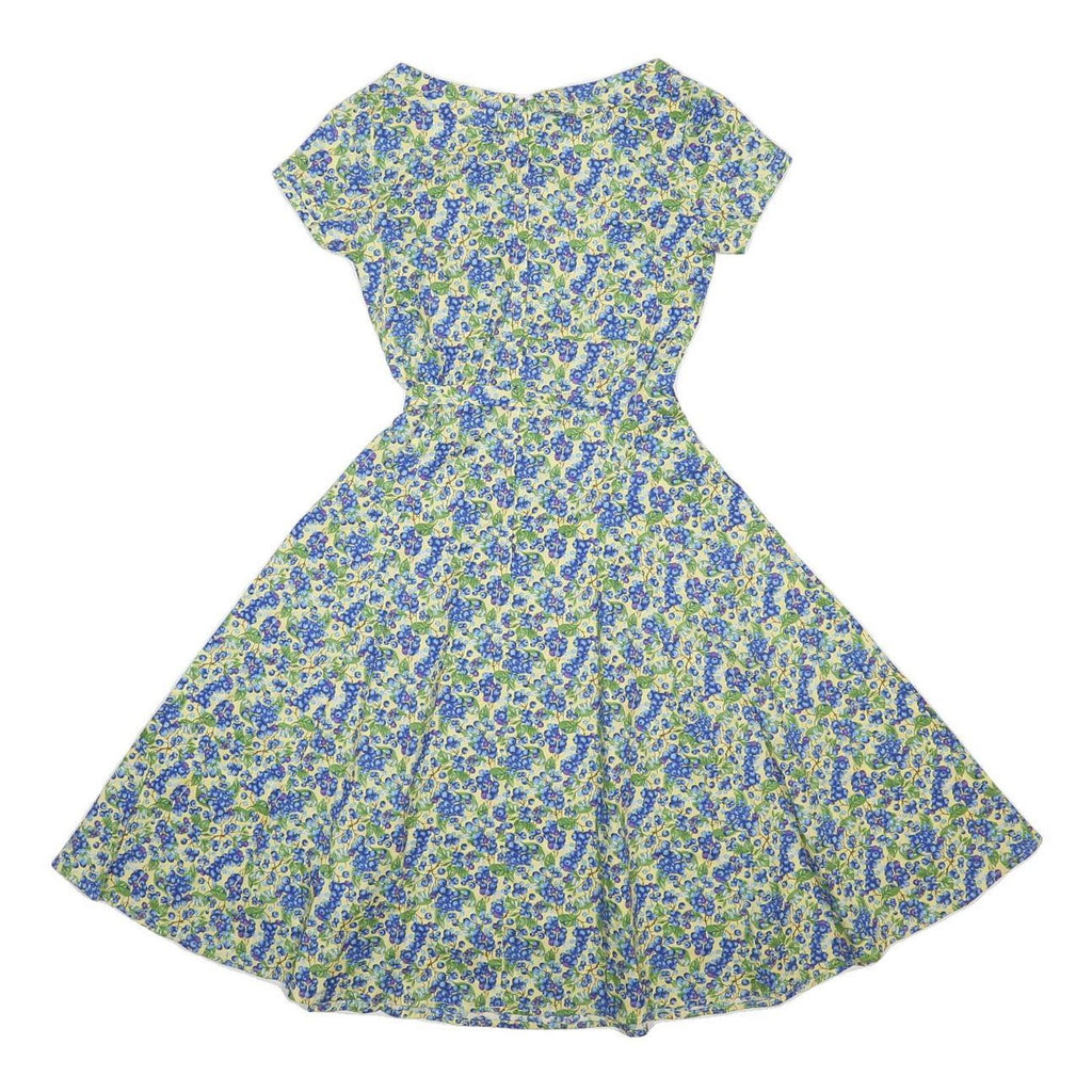 DOLLZ & DAMES Womens Blue & Green Floral Cotton Fit & Flare Short Sleeve Knee