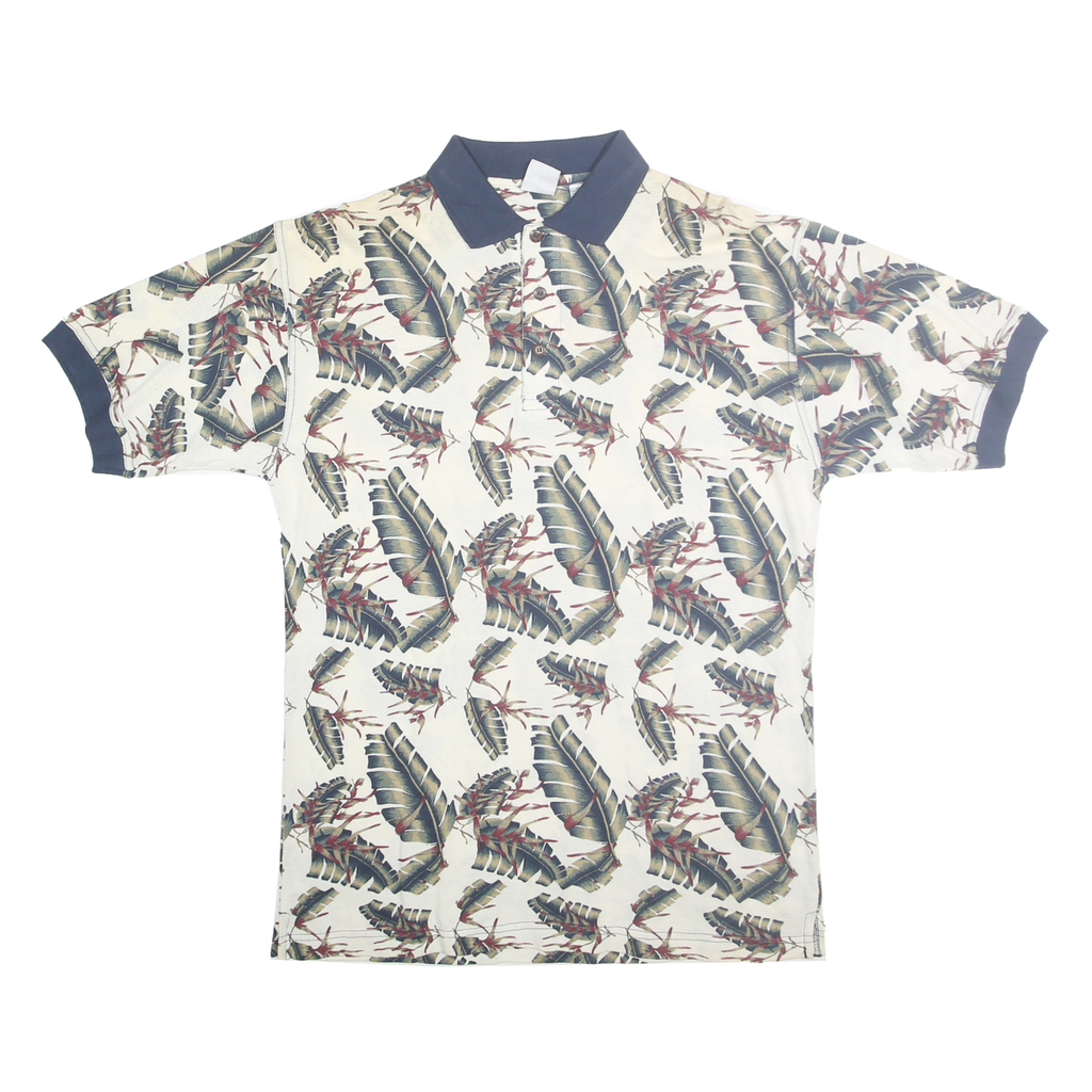 ANCHOR BLUE Mens Cream Navy Leaf Print Short Sleeve Polo Shirt M Cotton