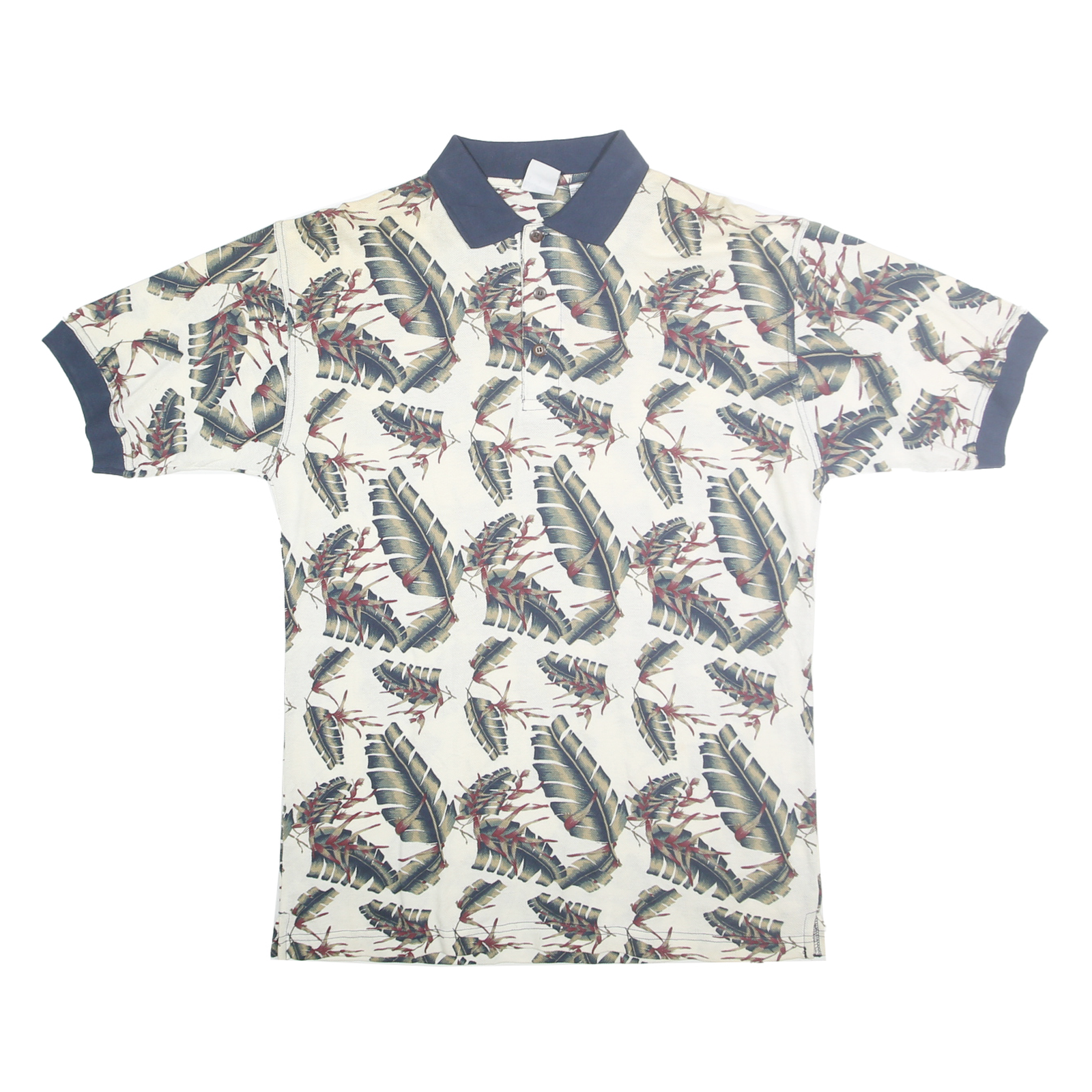 ANCHOR BLUE Mens Cream Navy Leaf Print Short Sleeve Polo Shirt M Cotton