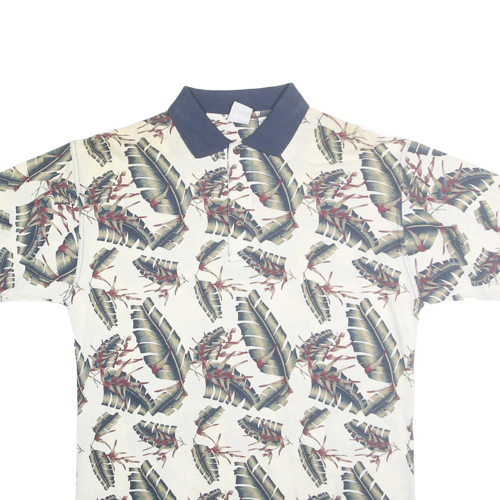 ANCHOR BLUE Mens Cream Navy Leaf Print Short Sleeve Polo Shirt M Cotton