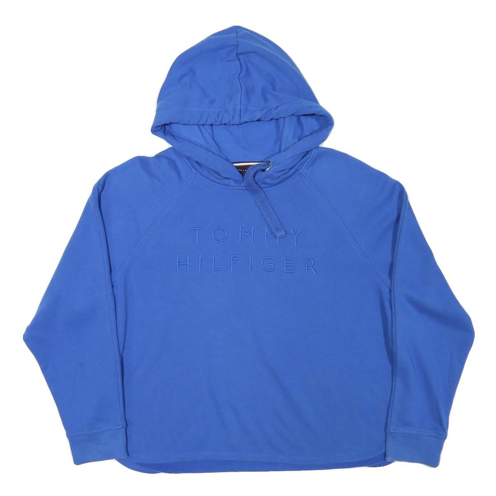 TOMMY HILFIGER Womens Blue Hoodie M Embroidered Logo Cotton Blend Pullover