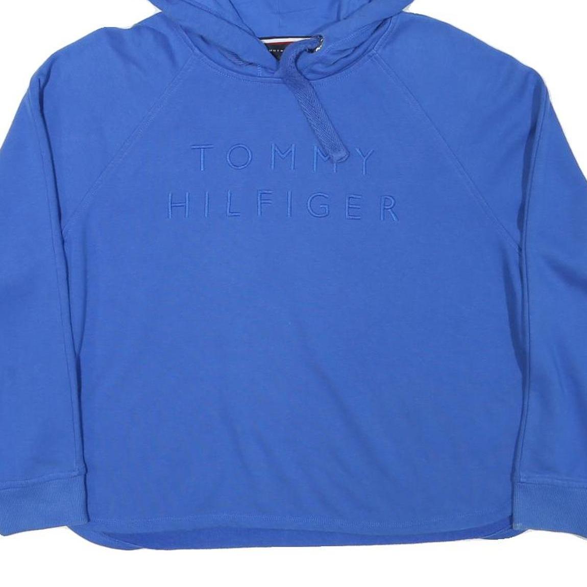 TOMMY HILFIGER Womens Blue Hoodie M Embroidered Logo Cotton Blend Pullover