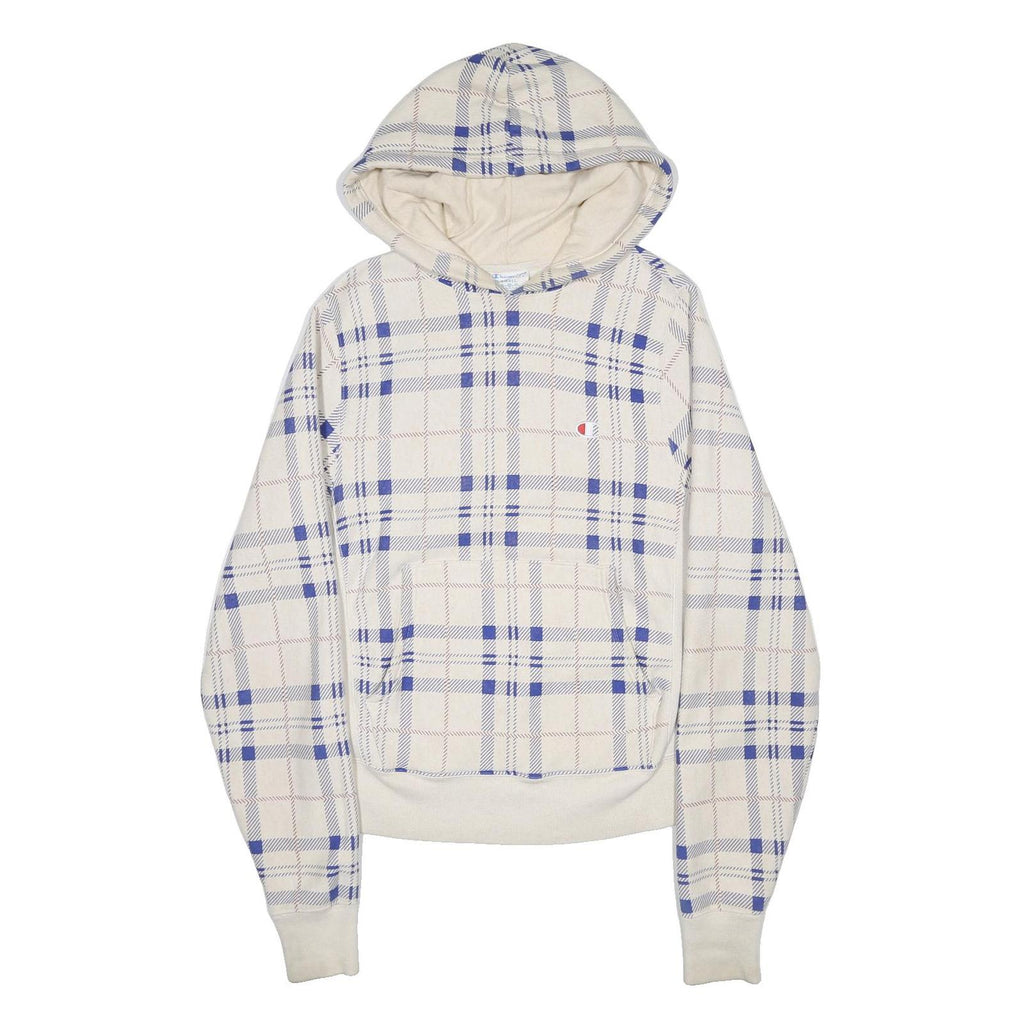 CHAMPION REVERSE WEAVE Mens Cream & Blue Plaid Pullover Hoodie S Cotton Blend