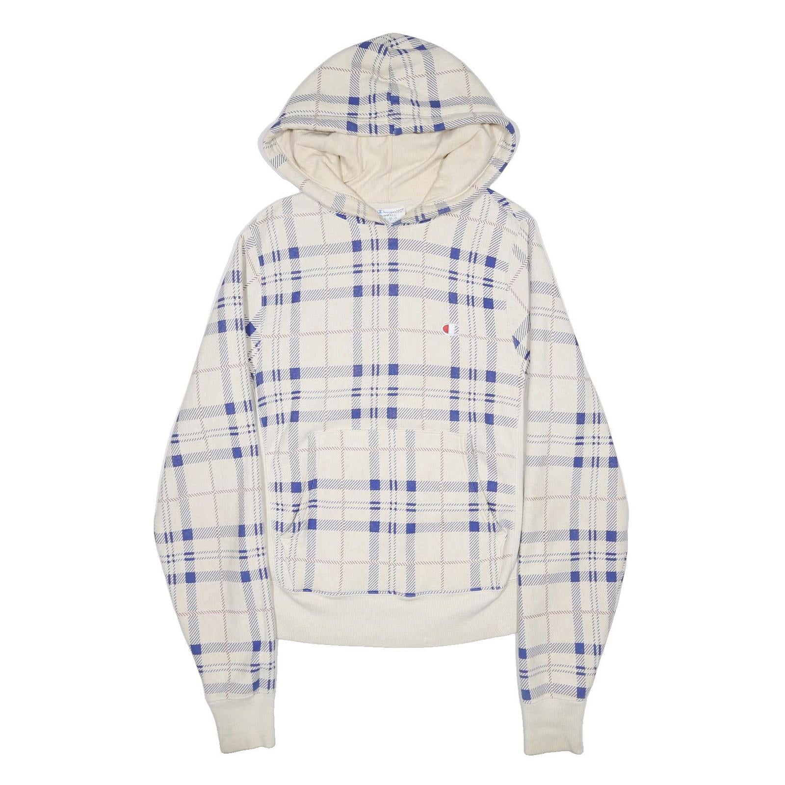 CHAMPION REVERSE WEAVE Mens Cream & Blue Plaid Pullover Hoodie S Cotton Blend
