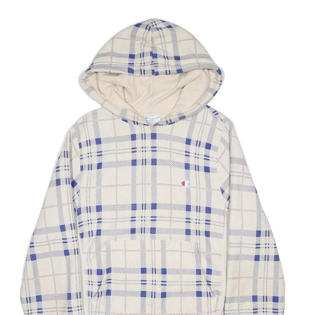 CHAMPION REVERSE WEAVE Mens Cream & Blue Plaid Pullover Hoodie S Cotton Blend