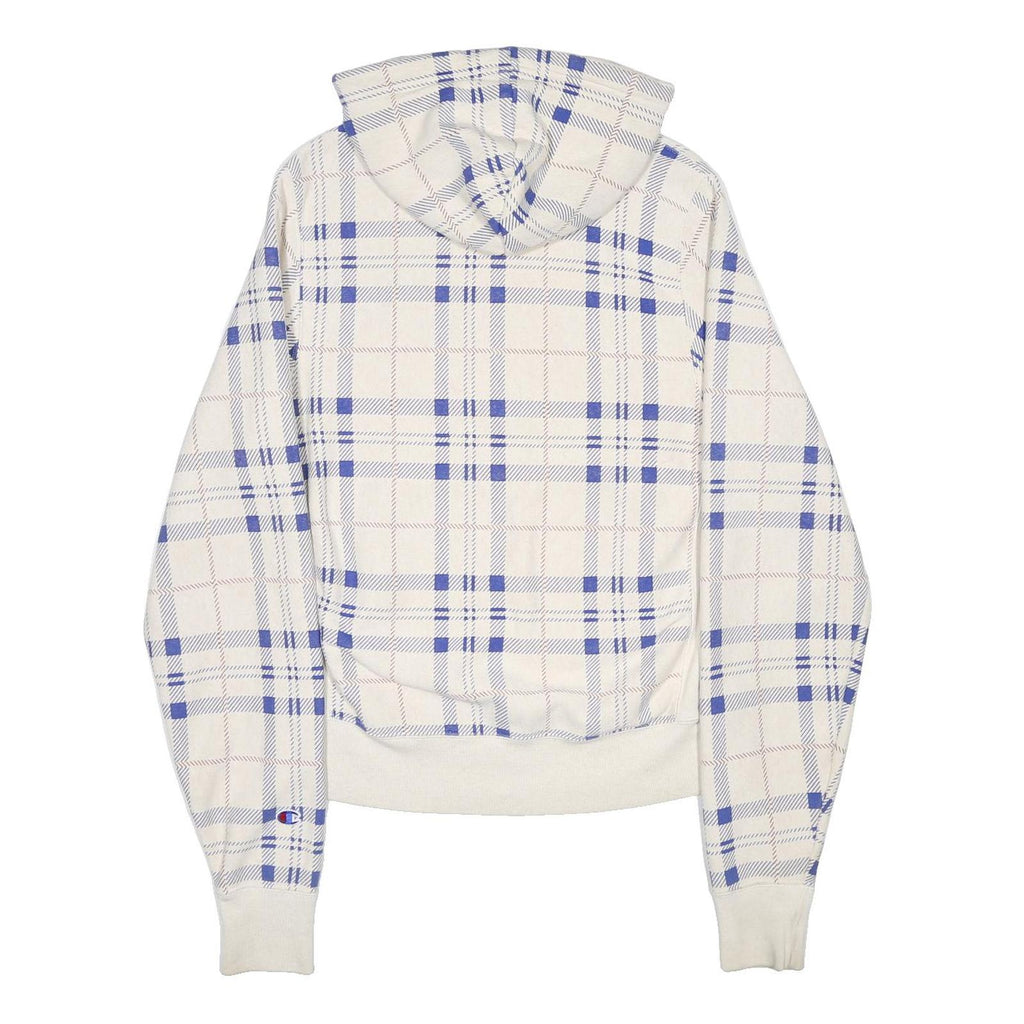 CHAMPION REVERSE WEAVE Mens Cream & Blue Plaid Pullover Hoodie S Cotton Blend